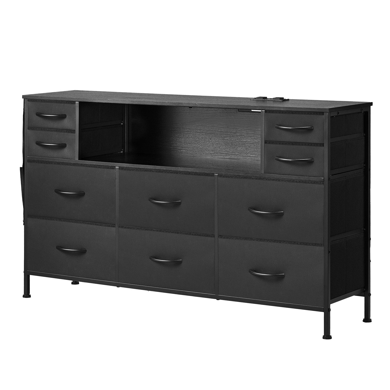 VEVOR 10 Fabric Drawer Dresser with Open Storage Shelf LED Lights & Outlet Black 