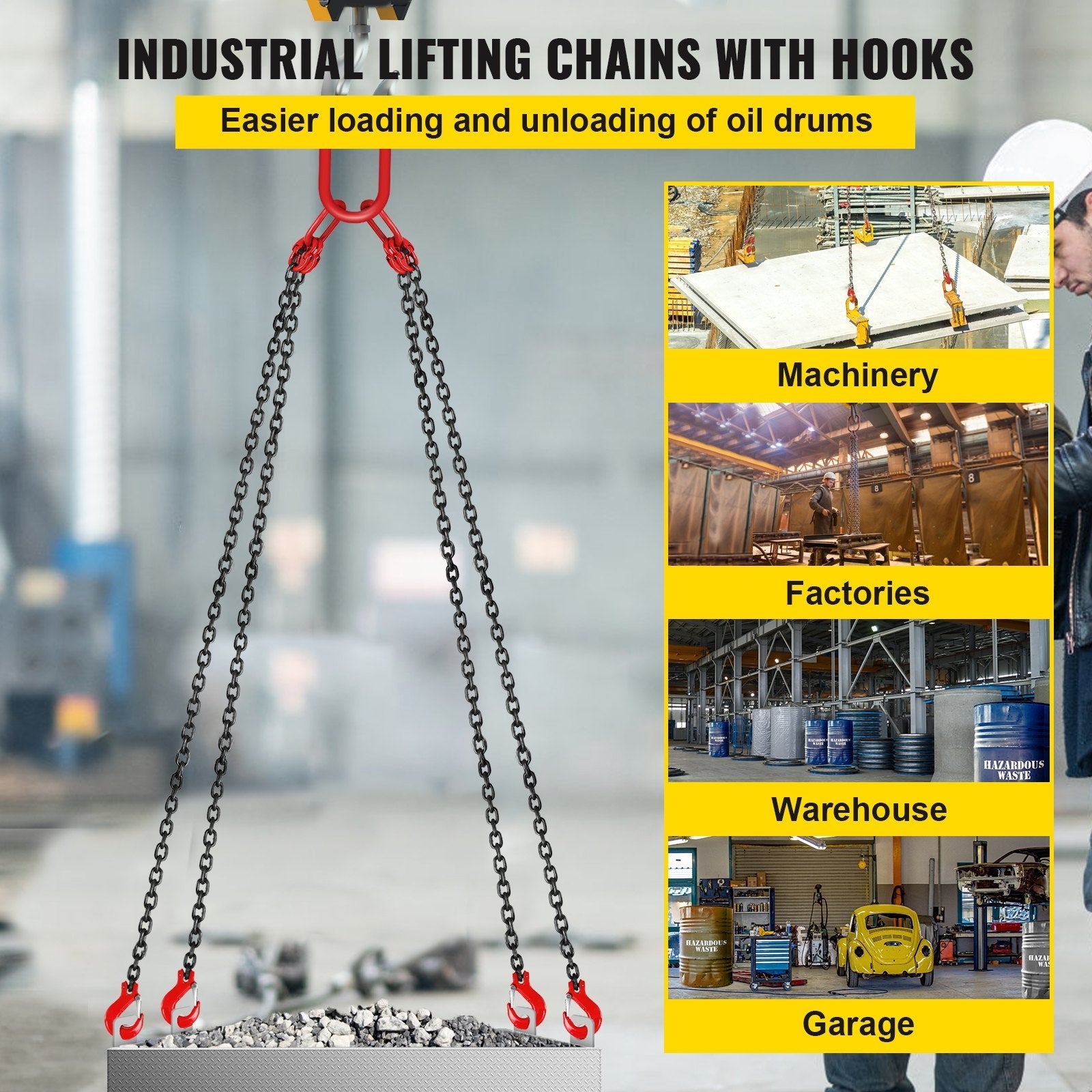 VEVOR 10FT Chain Sling 5/16 Inch X 10 FT Engine Lift Chain G80 Alloy Steel Engine Chain Hoist Lifts 3 Ton with 4 Leg Grab Hooks and Adjuster Used in Mining, Machinery, Ports, Building 