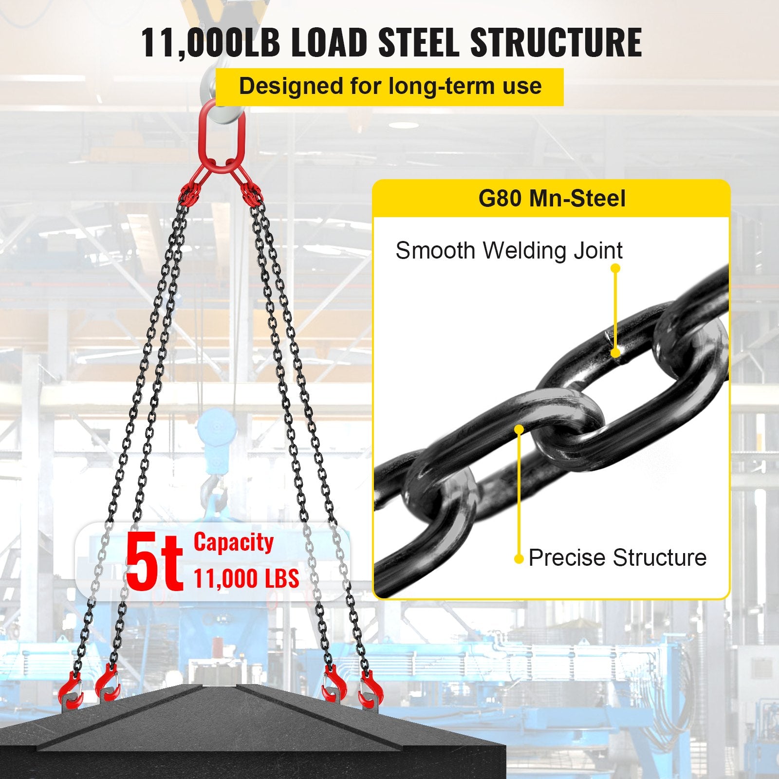 VEVOR 10FT Chain Sling 5/16 Inch X 10 FT Engine Lift Chain G80 Alloy Steel Engine Chain Hoist Lifts 3 Ton with 4 Leg Grab Hooks and Adjuster Used in Mining, Machinery, Ports, Building 