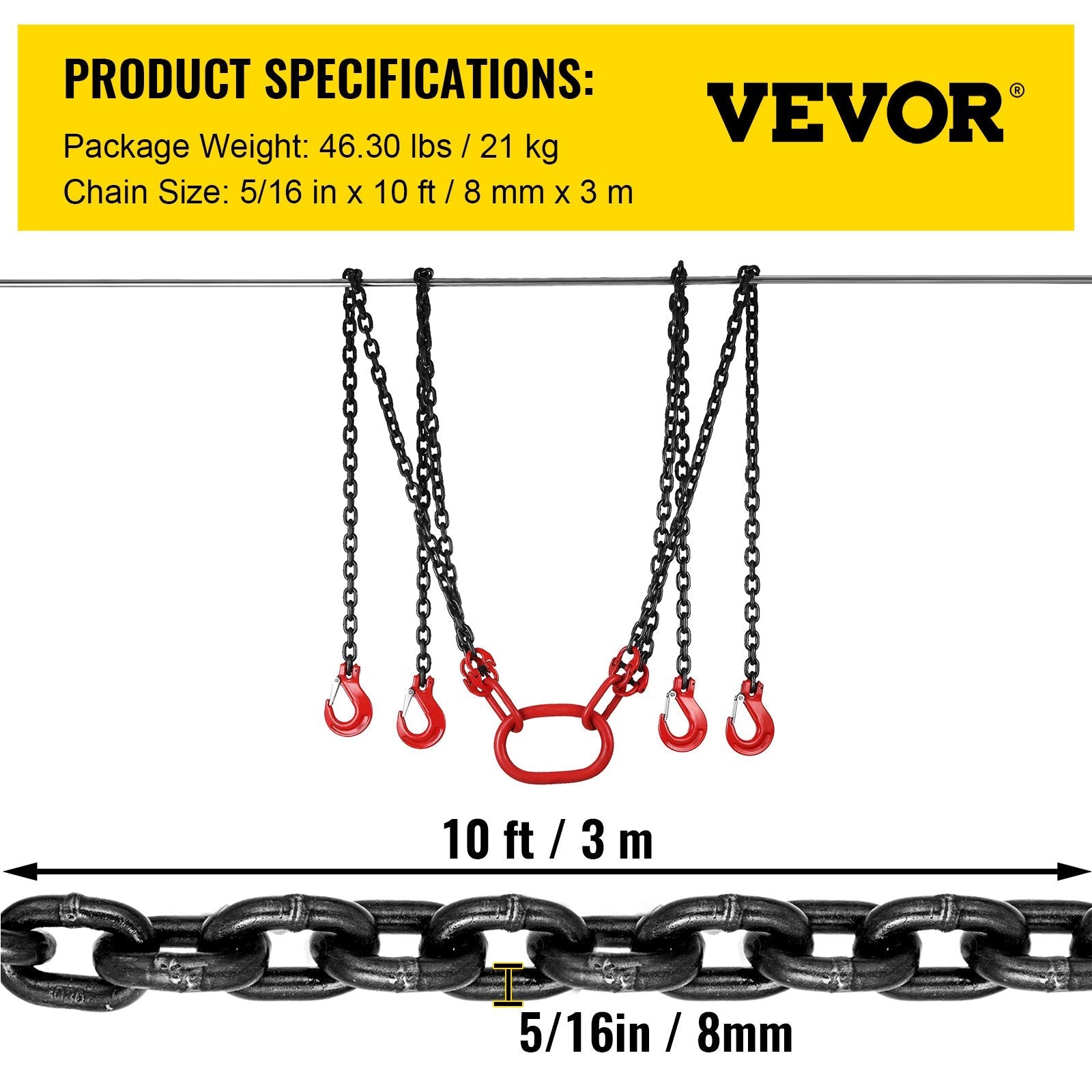VEVOR 10FT Chain Sling 5/16 Inch X 10 FT Engine Lift Chain G80 Alloy Steel Engine Chain Hoist Lifts 3 Ton with 4 Leg Grab Hooks and Adjuster Used in Mining, Machinery, Ports, Building 
