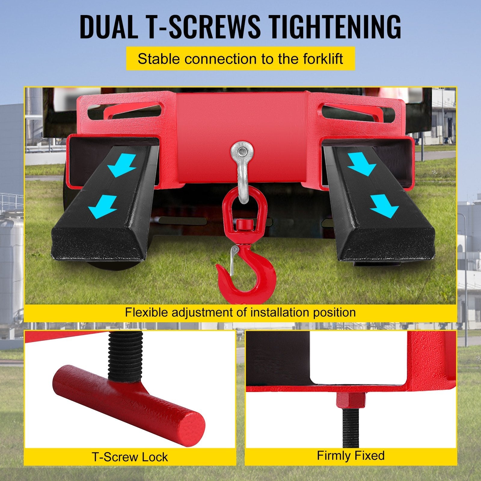 VEVOR Forklift Lifting Hook, 6600lbs Capacity Forklift Lifting Hoist, Red Forklift Mobile Crane with Swivel Hook and Two Large T-Screws, Hook Forklift Lifting Hoist, Fork Lifting Attachment 
