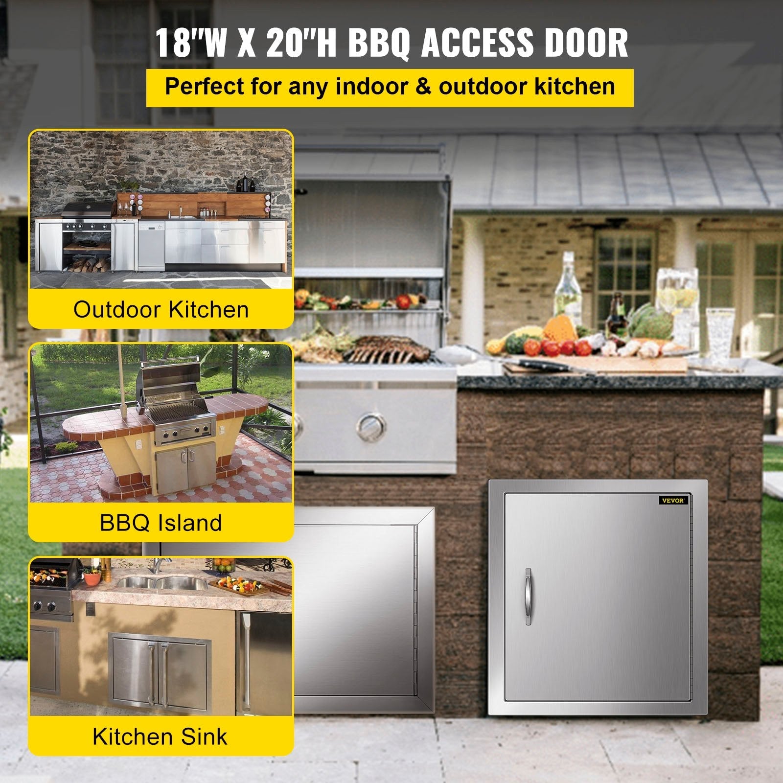 VEVOR BBQ Access Door 18W x 20H Inch, Vertical Single BBQ Door Stainless Steel, Outdoor Kitchen Doors for BBQ Island, Grill Station, Outside Cabinet 