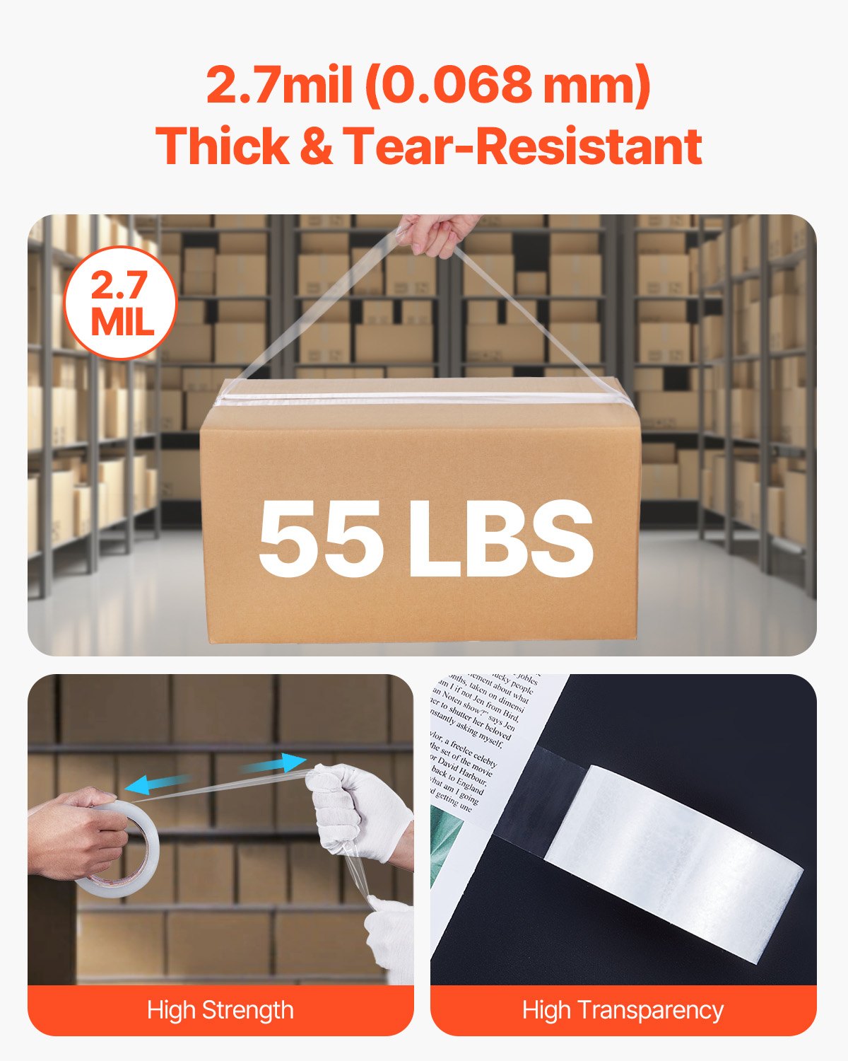 VEVOR Packing Tape 12 Rolls 65 Yards Clear Shipping Tape with Dispenser 2.7 Mil 