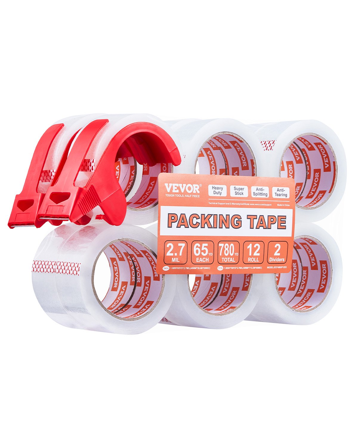 VEVOR Packing Tape 12 Rolls 65 Yards Clear Shipping Tape with Dispenser 2.7 Mil 