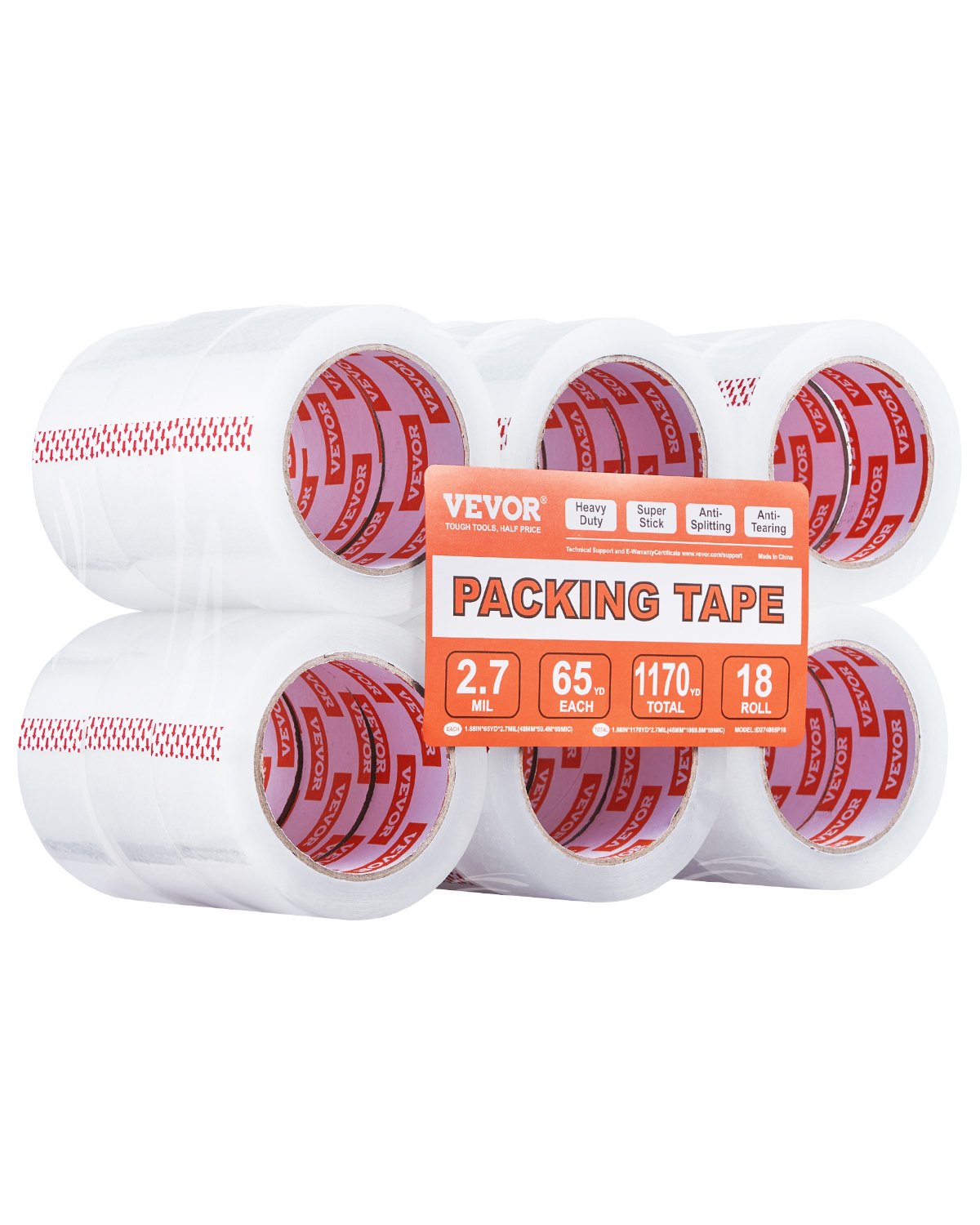 VEVOR Packing Tape 18 Rolls 65 Yards Heavy Duty Clear Packing Tapes 2.7 Mil 