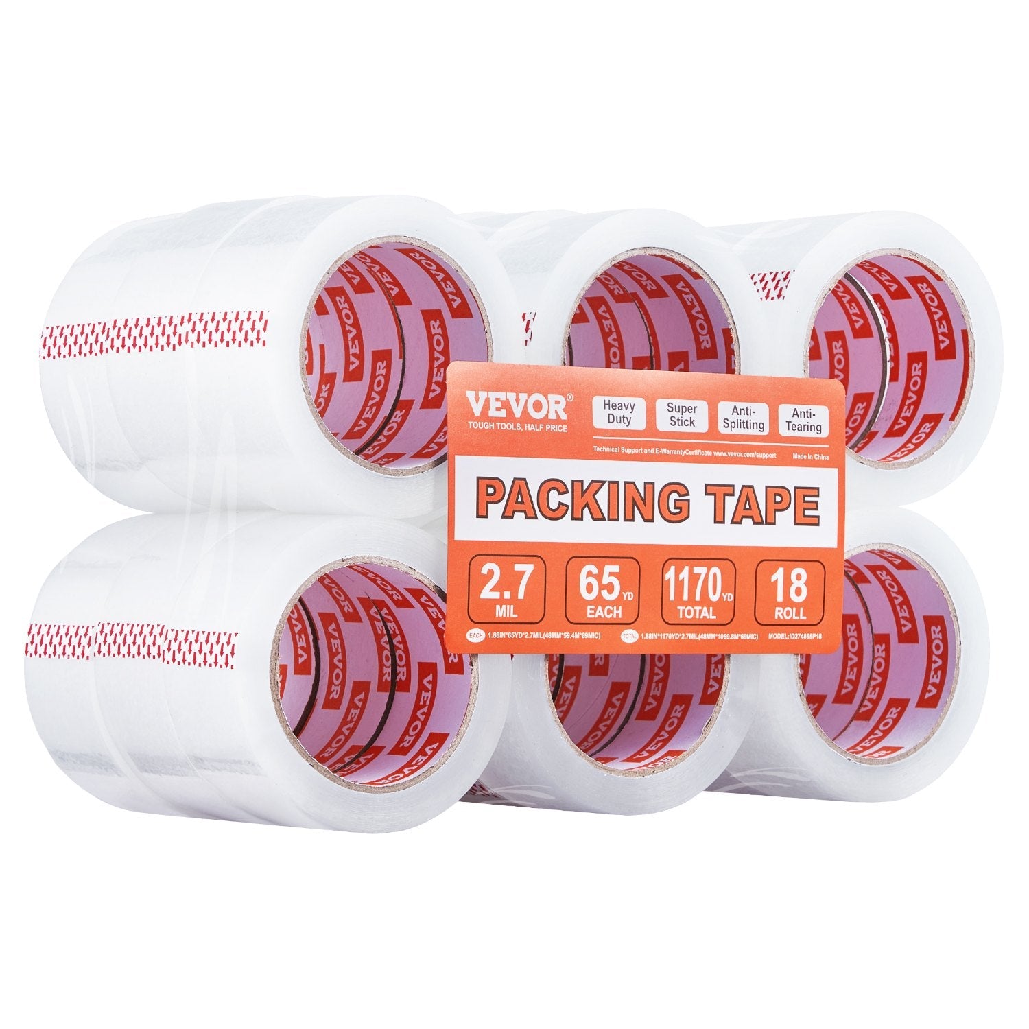 VEVOR Packing Tape 18 Rolls 65 Yards Heavy Duty Clear Packing Tapes 2.7 Mil 
