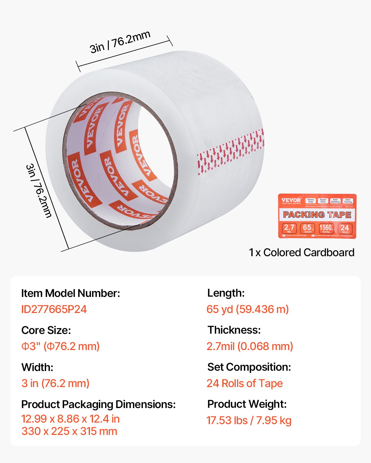VEVOR Clear Packing Tape 24 Rolls 65 Yards Heavy Duty Clear Packing Tape 2.7 Mil 