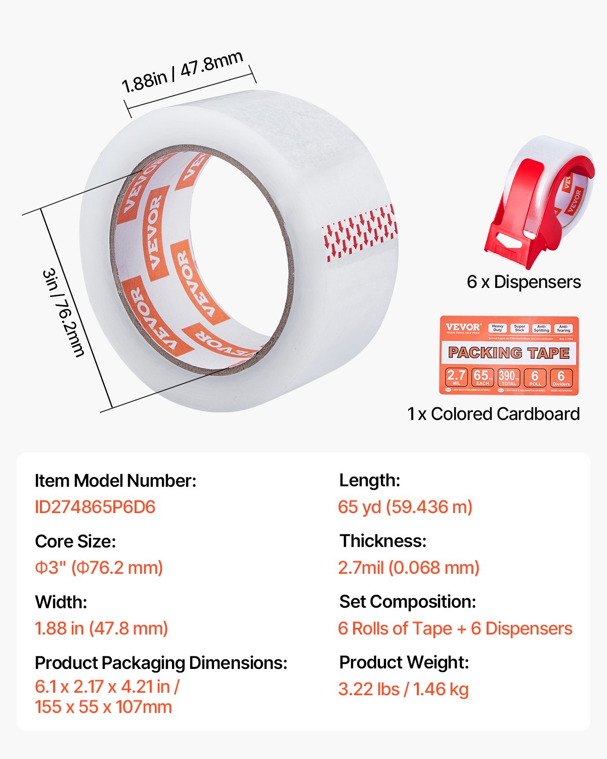VEVOR Packing Tape 6 Rolls 65 Yards Clear Shipping Tape with Dispenser 2.7 Mil 