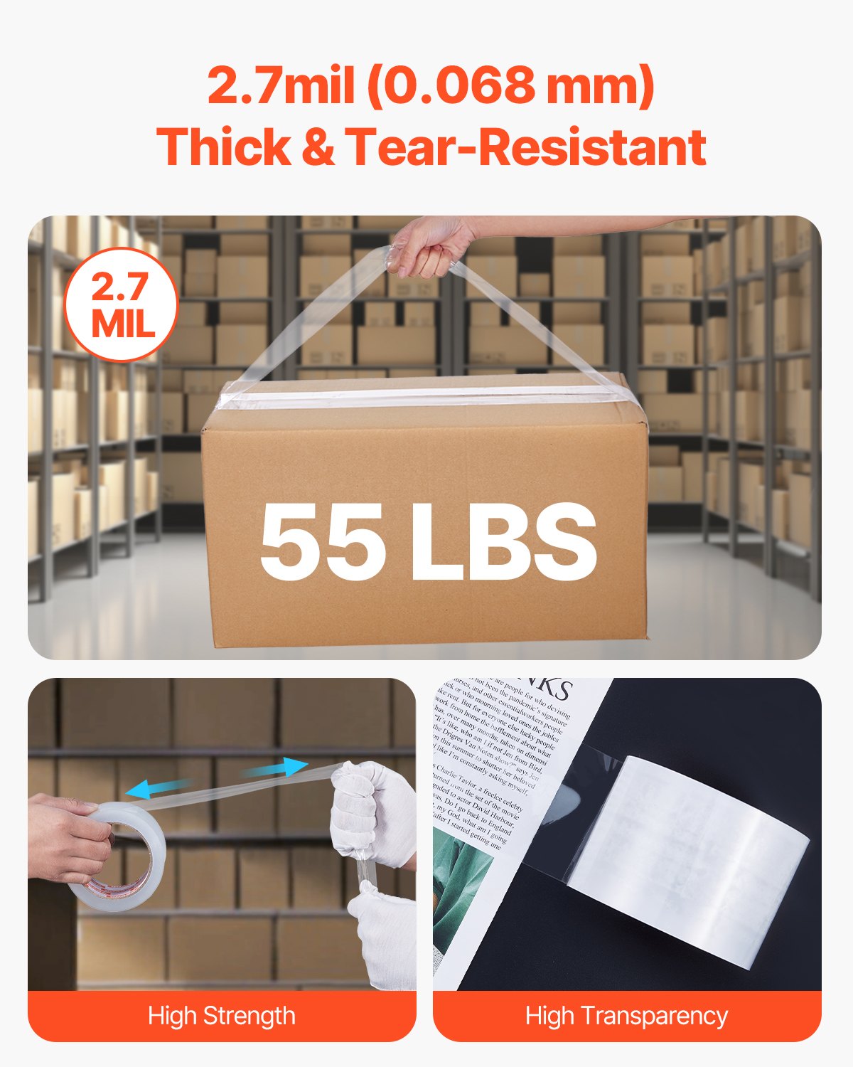 VEVOR Clear Packing Tape 6 Rolls 65 Yards Heavy Duty Clear Packing Tapes 2.7 Mil 