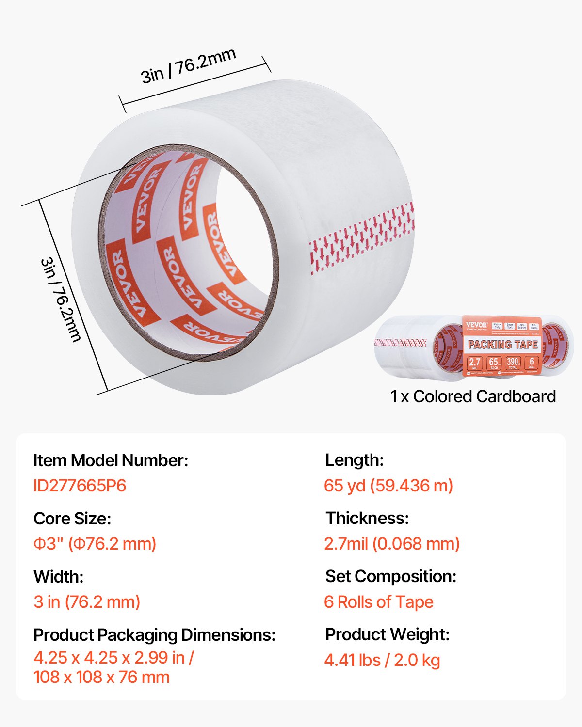 VEVOR Clear Packing Tape 6 Rolls 65 Yards Heavy Duty Clear Packing Tapes 2.7 Mil 