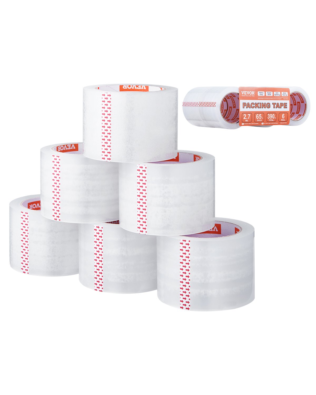 VEVOR Clear Packing Tape 6 Rolls 65 Yards Heavy Duty Clear Packing Tapes 2.7 Mil 