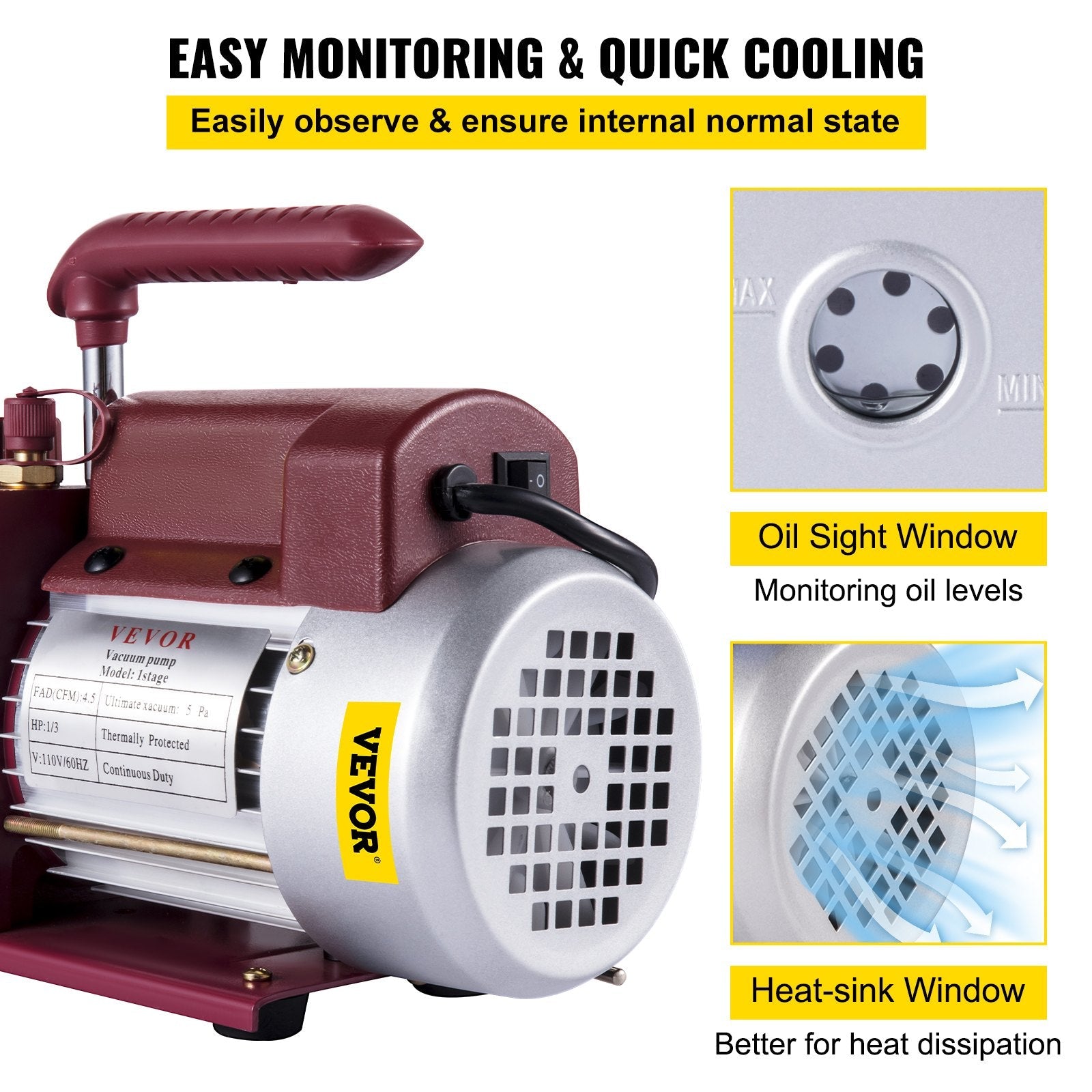 VEVOR 4.5CFM 1-3HP Vacuum Pump 110V 2 Meter Valve 1 Stage 5PA Ultimate Air Conditioning Refrigerant Vacuum Pump for HVAC Auto AC Refrigerant Rechar 