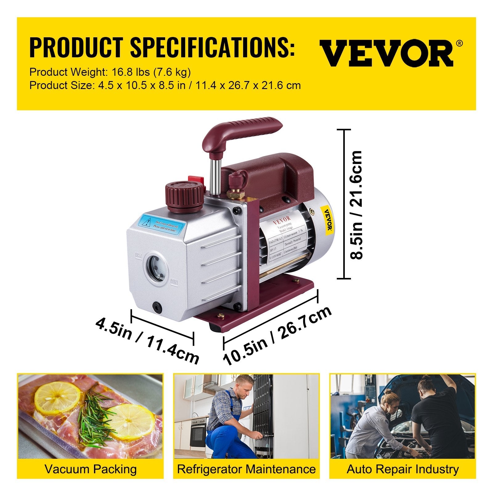 VEVOR 4.5CFM 1-3HP Vacuum Pump 110V 2 Meter Valve 1 Stage 5PA Ultimate Air Conditioning Refrigerant Vacuum Pump for HVAC Auto AC Refrigerant Rechar 