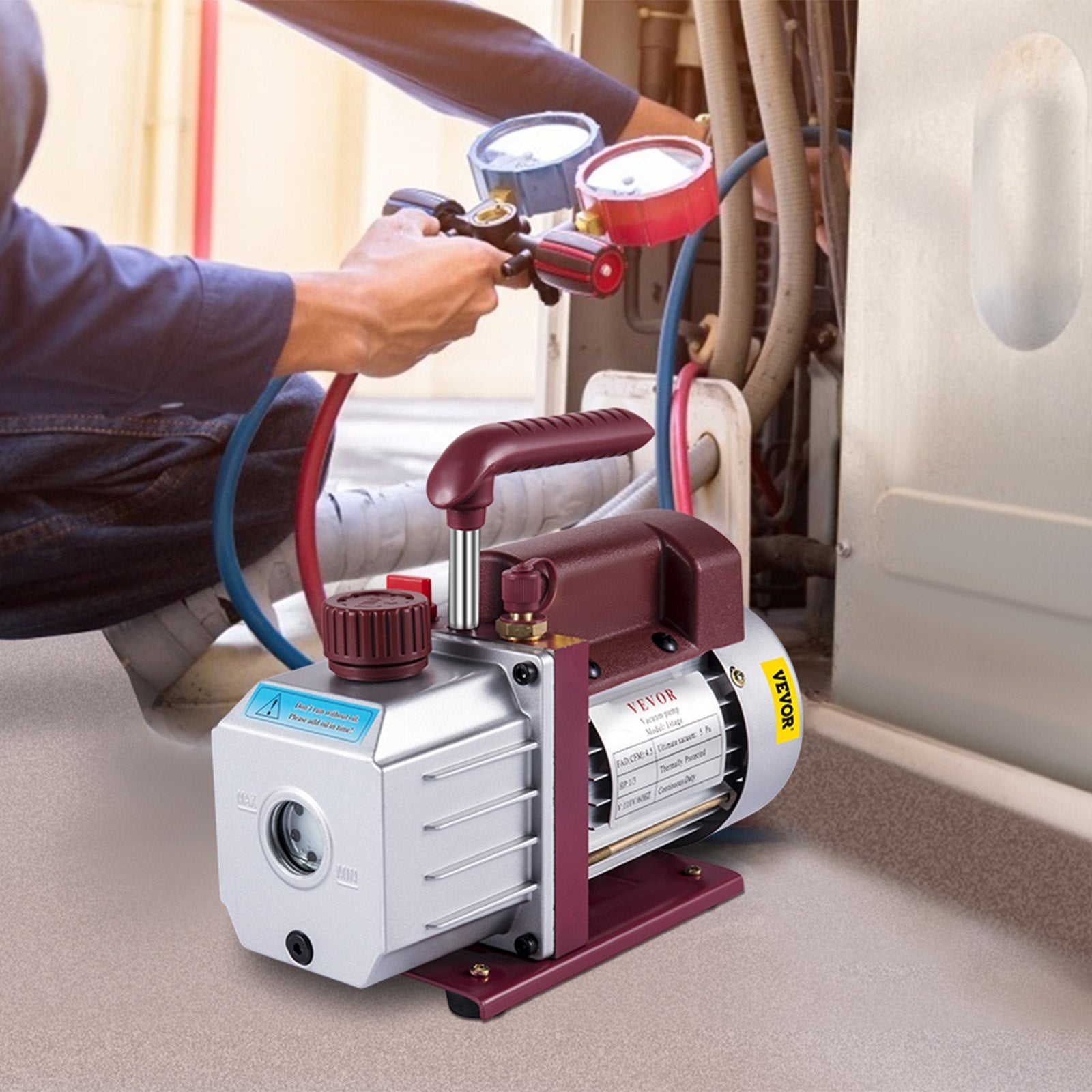 VEVOR 4.5CFM 1-3HP Vacuum Pump 110V 2 Meter Valve 1 Stage 5PA Ultimate Air Conditioning Refrigerant Vacuum Pump for HVAC Auto AC Refrigerant Rechar 