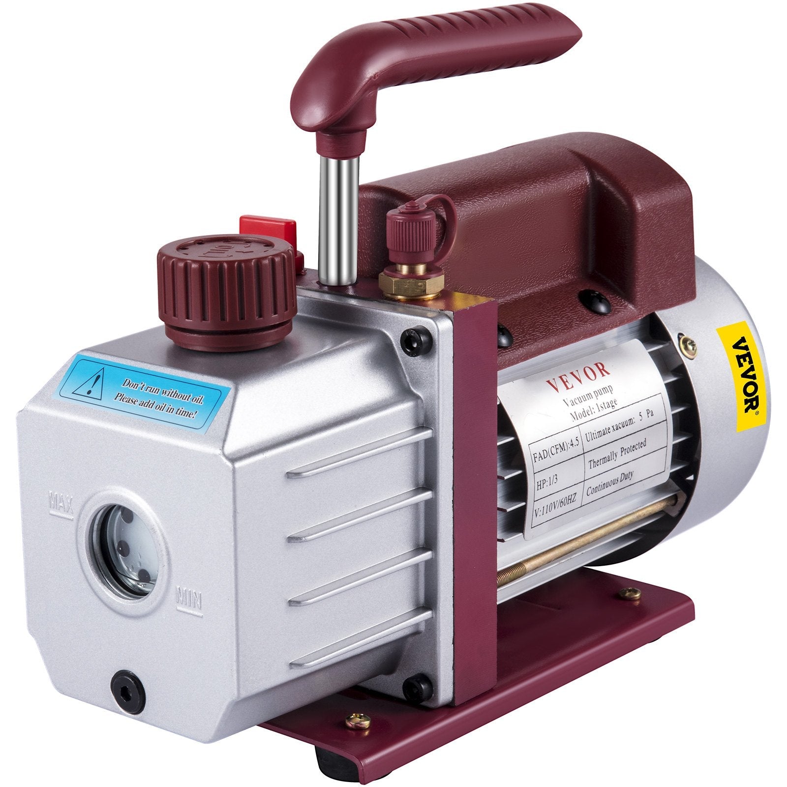 VEVOR 4.5CFM 1-3HP Vacuum Pump 110V 2 Meter Valve 1 Stage 5PA Ultimate Air Conditioning Refrigerant Vacuum Pump for HVAC Auto AC Refrigerant Rechar 