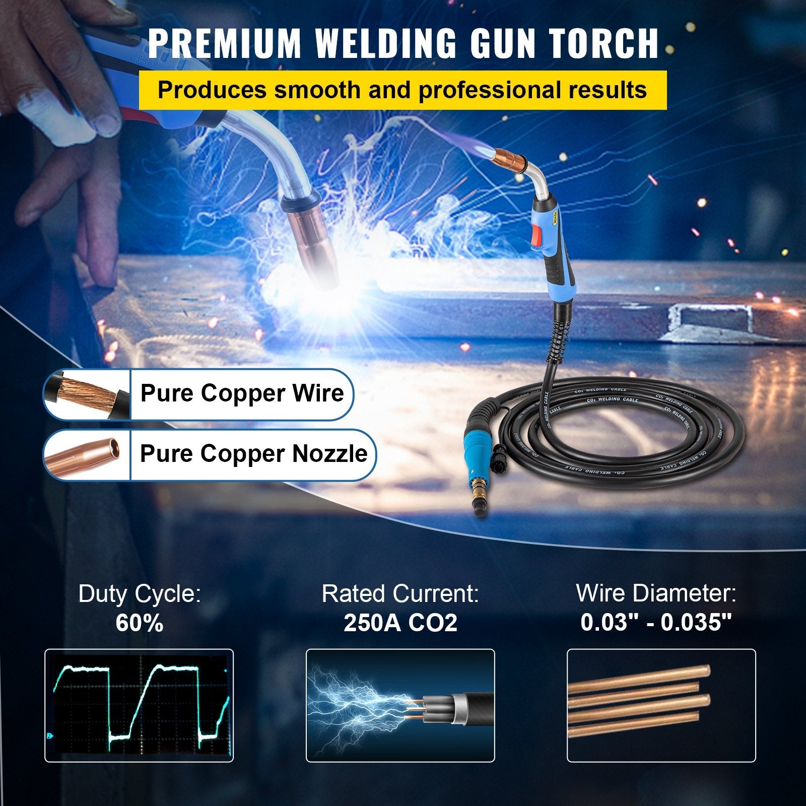 VEVOR 250Amp 15Ft Mig Welding Gun fit for Miller Welding Gun Torch Welder Gun M-25 Welding Torch Stinger Replacement fit for Miller M-25 Part Number 169598 fit 0.030"-0.035" Wire 