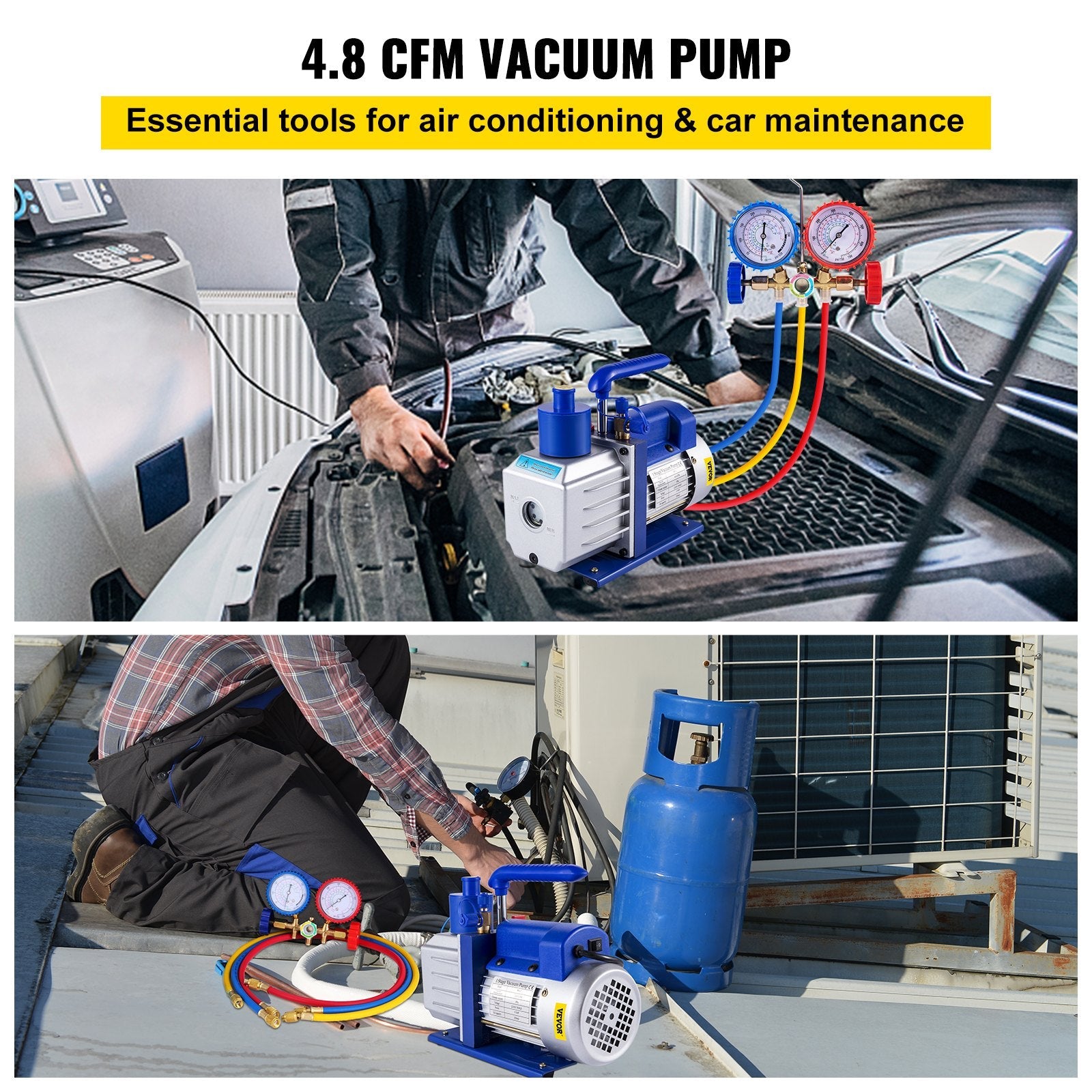 VEVOR Vacuum Pump Kit HVAC Single Stage AC Vacuum Pump 4.8CFM 1/3HP Air Vacuum Pump with 3 Valve A/C Manifold Gauge Set Refrigerant Air Conditioning (4.8CFM1/3HP 3Valve), Blue 