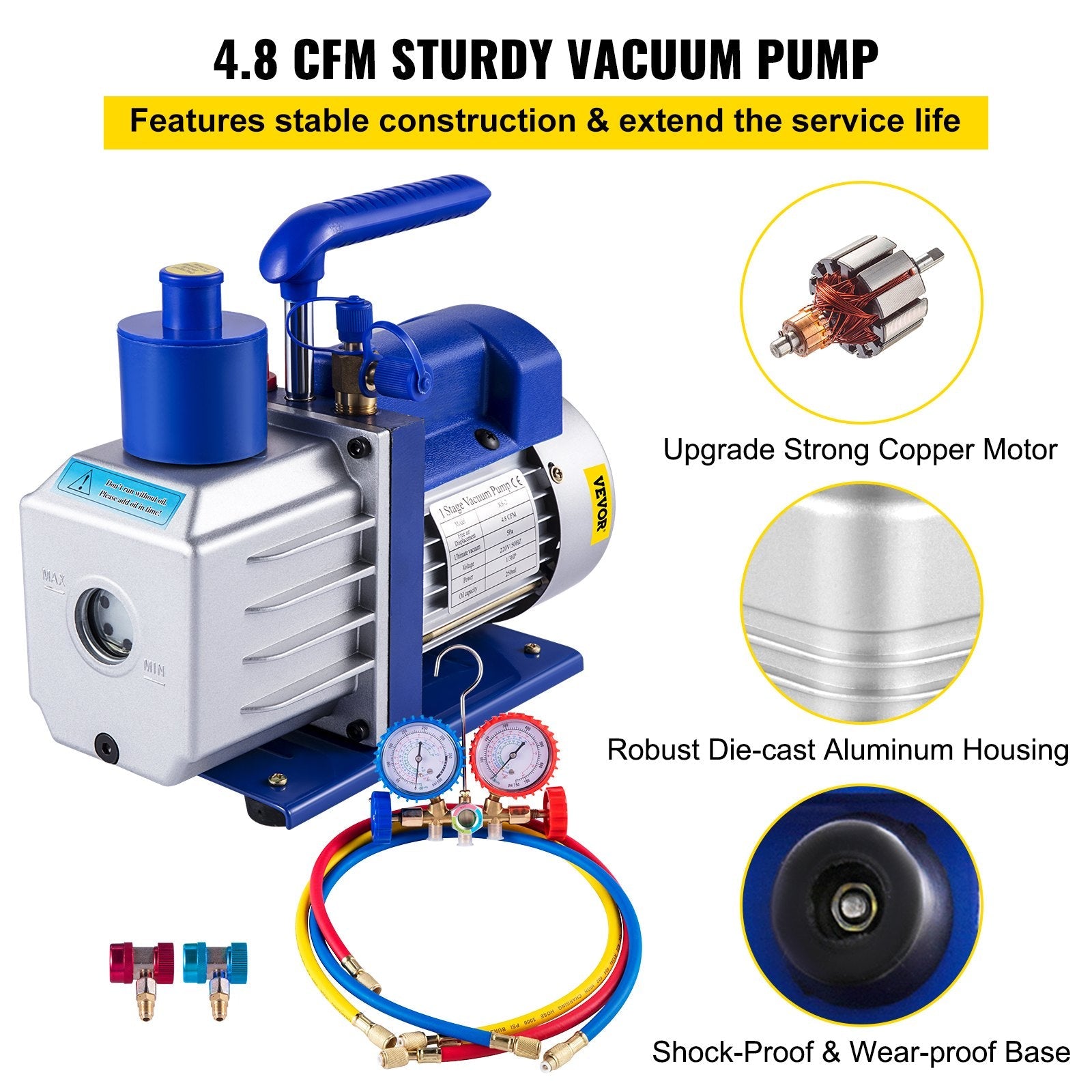 VEVOR Vacuum Pump Kit HVAC Single Stage AC Vacuum Pump 4.8CFM 1/3HP Air Vacuum Pump with 3 Valve A/C Manifold Gauge Set Refrigerant Air Conditioning (4.8CFM1/3HP 3Valve), Blue 