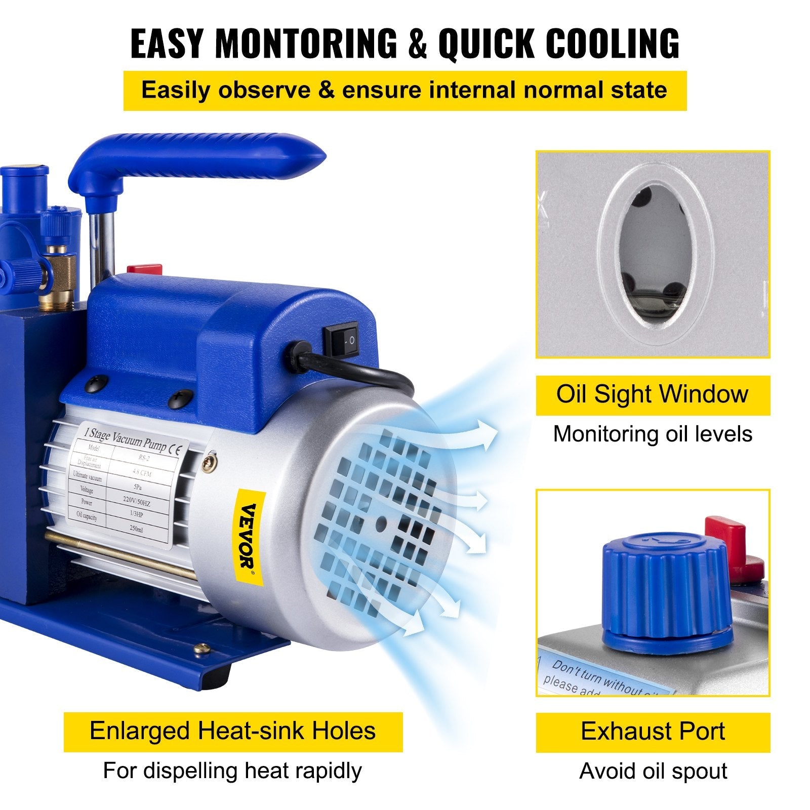 VEVOR Vacuum Pump Kit HVAC Single Stage AC Vacuum Pump 4.8CFM 1/3HP Air Vacuum Pump with 3 Valve A/C Manifold Gauge Set Refrigerant Air Conditioning (4.8CFM1/3HP 3Valve), Blue 