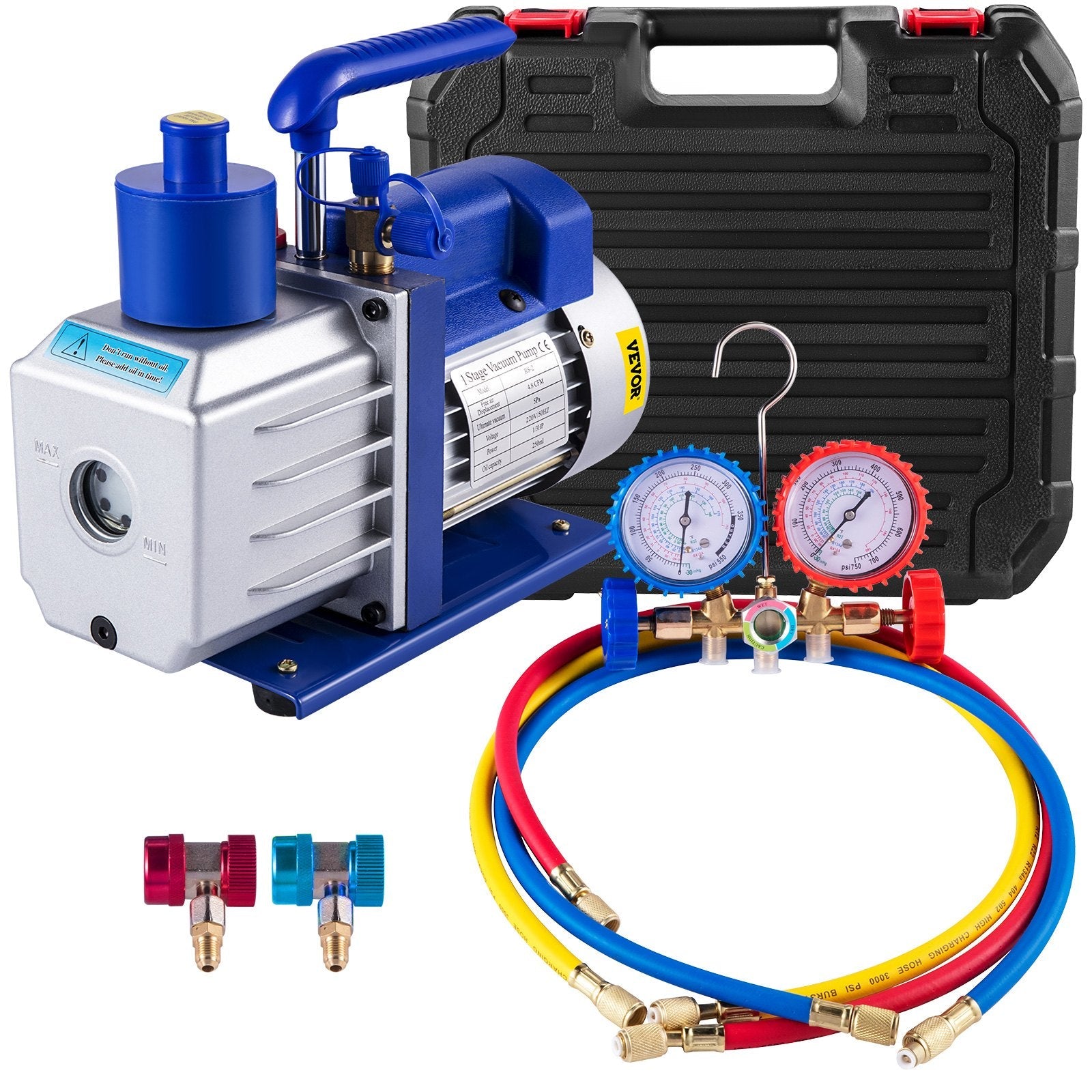 VEVOR Vacuum Pump Kit HVAC Single Stage AC Vacuum Pump 4.8CFM 1/3HP Air Vacuum Pump with 3 Valve A/C Manifold Gauge Set Refrigerant Air Conditioning (4.8CFM1/3HP 3Valve), Blue 