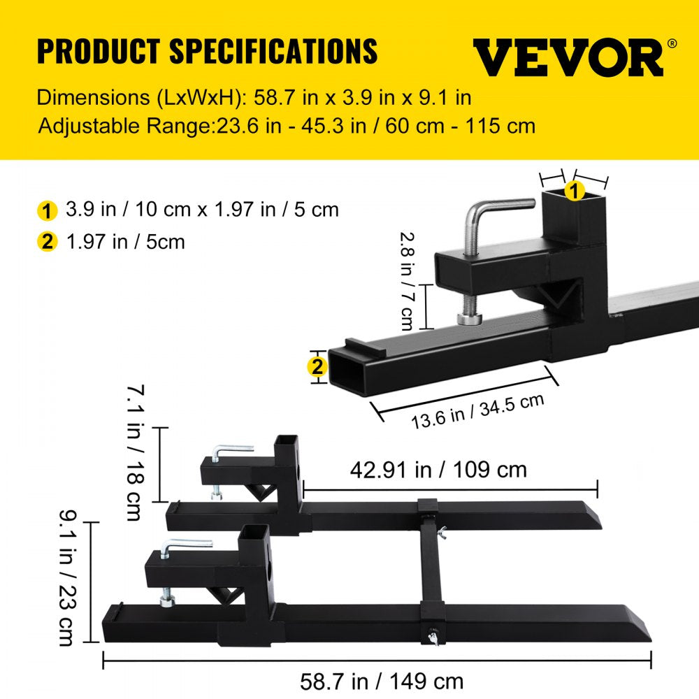 VEVOR Pallet Forks 42.9\" 4000 Lbs Max, Clamp On Tractor Bucket Forks with Adjustable Stabilizer Bar, Heavy Duty Front Loader Forks 58.7\" Total Length, Fork Attachment for Skid Steer, Loader Bucket 