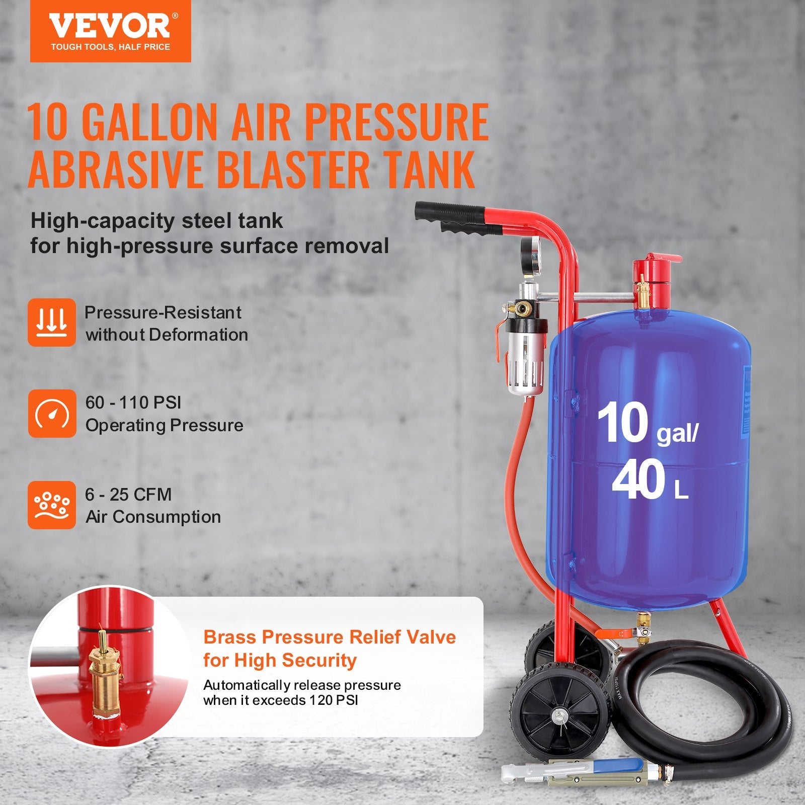 VEVOR 10Gal/40L Sandblaster Equipped w/Nozzle Shut-Off Valve Pressure Gauge Ceramic Nozzle Rubber Wheels Grit Power Sand Blasters Portable Sandblasting Equipment 