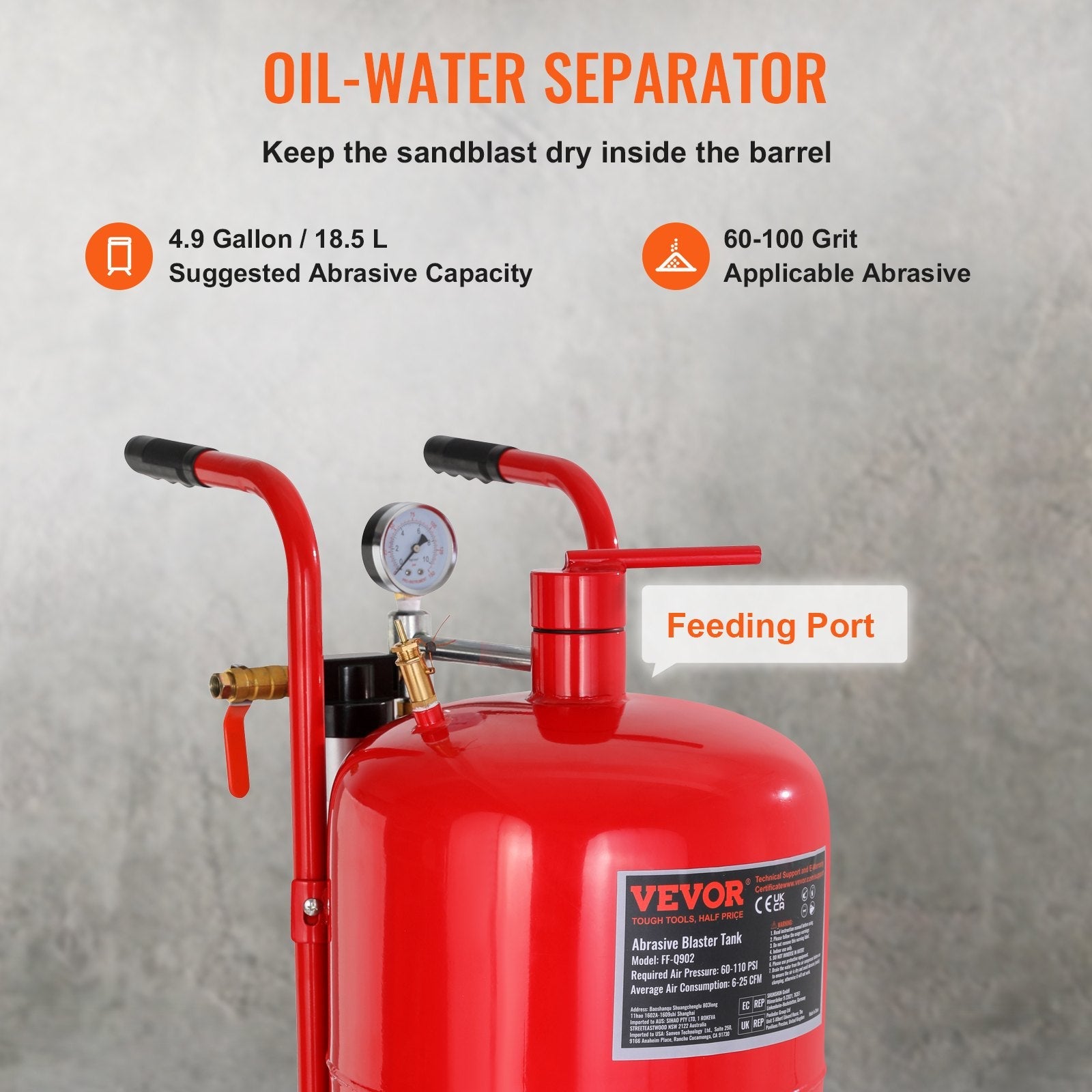 VEVOR 10Gal/40L Sandblaster Equipped w/Nozzle Shut-Off Valve Pressure Gauge Ceramic Nozzle Rubber Wheels Grit Power Sand Blasters Portable Sandblasting Equipment 