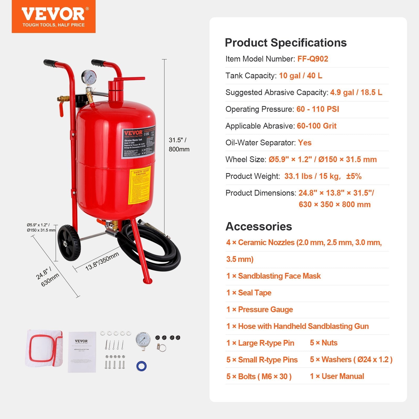 VEVOR 10Gal/40L Sandblaster Equipped w/Nozzle Shut-Off Valve Pressure Gauge Ceramic Nozzle Rubber Wheels Grit Power Sand Blasters Portable Sandblasting Equipment 