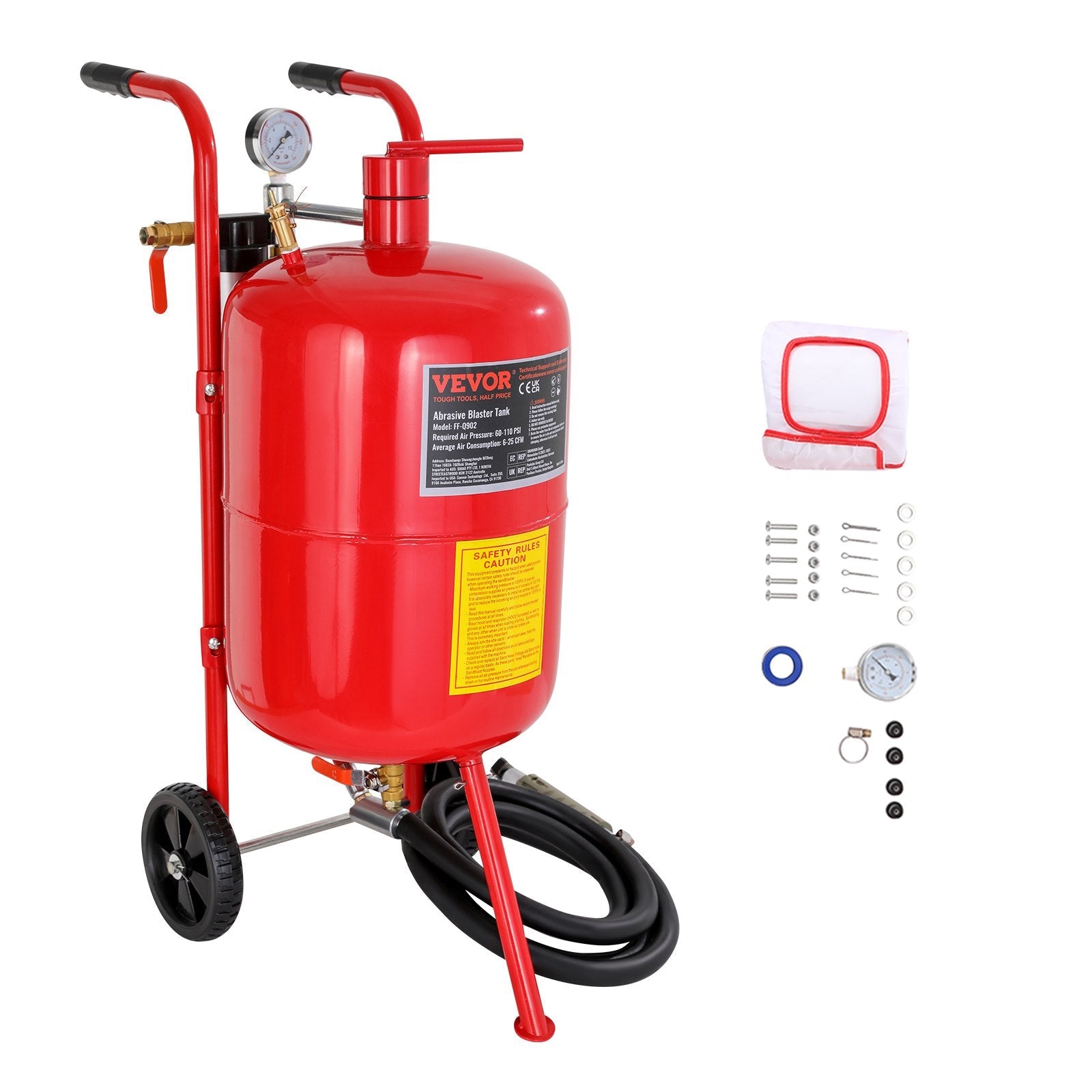 VEVOR 10Gal/40L Sandblaster Equipped w/Nozzle Shut-Off Valve Pressure Gauge Ceramic Nozzle Rubber Wheels Grit Power Sand Blasters Portable Sandblasting Equipment 