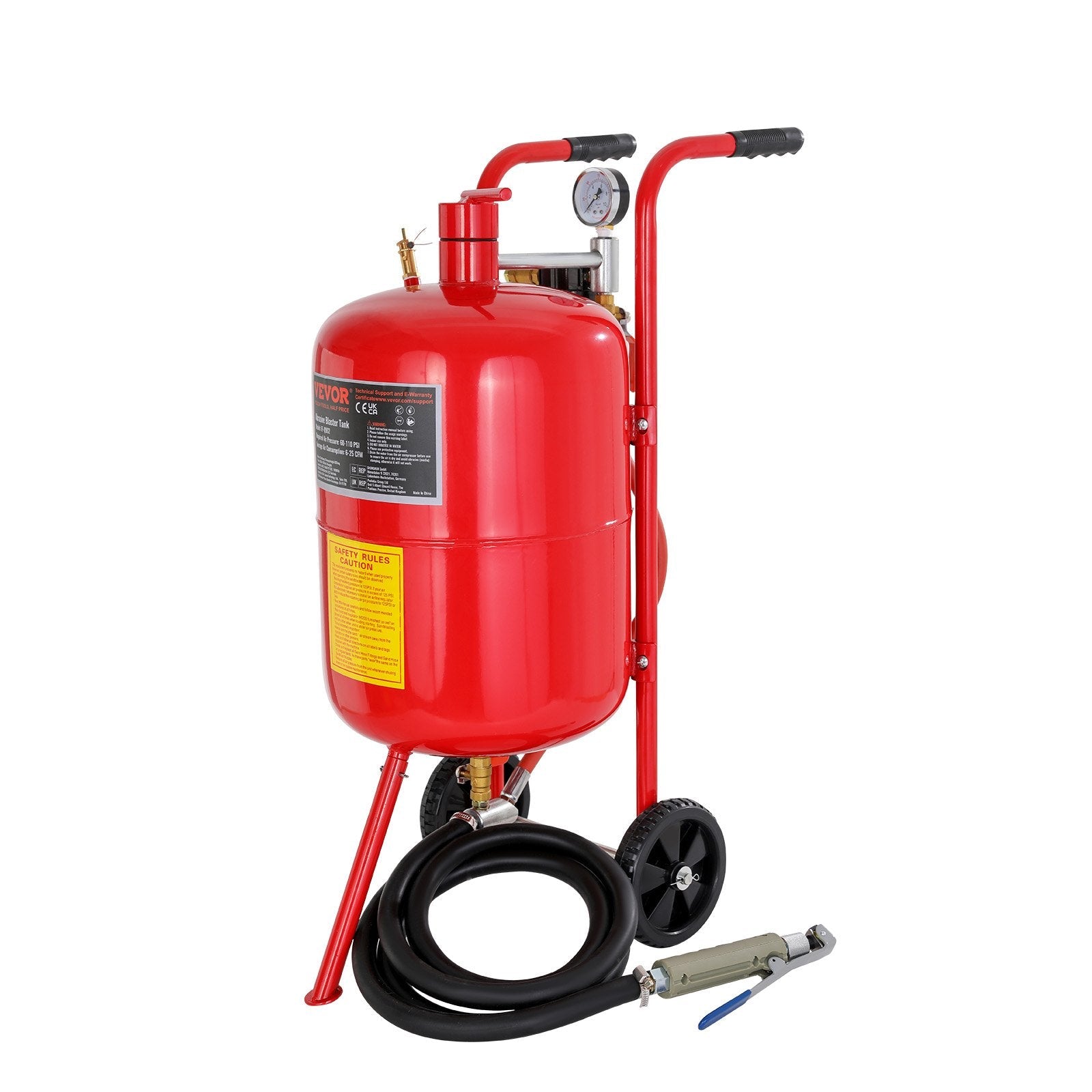 VEVOR 10Gal/40L Sandblaster Equipped w/Nozzle Shut-Off Valve Pressure Gauge Ceramic Nozzle Rubber Wheels Grit Power Sand Blasters Portable Sandblasting Equipment 