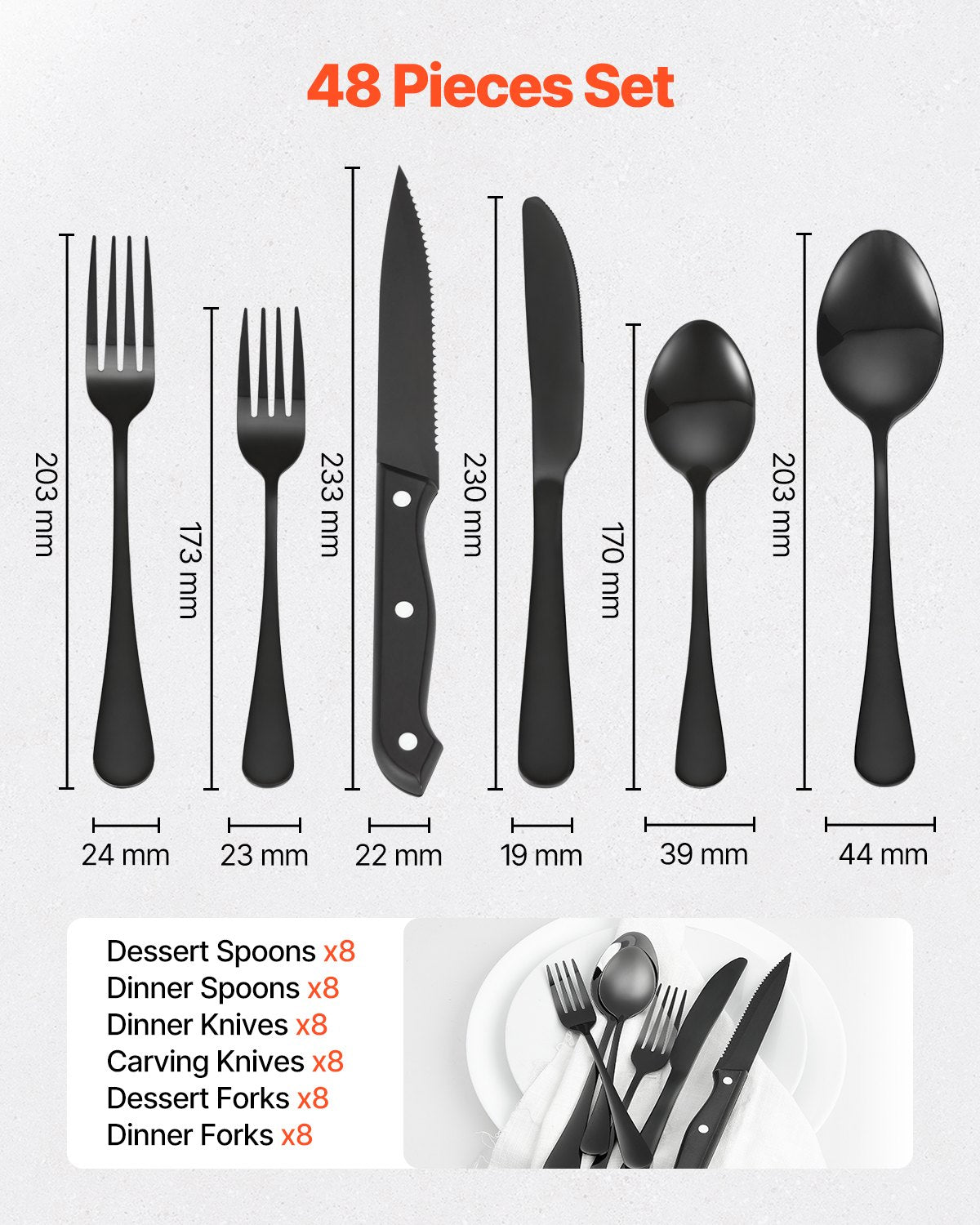 VEVOR 48-Piece Silverware Set Stainless Steel Cutlery Flatware Utensils for 8 