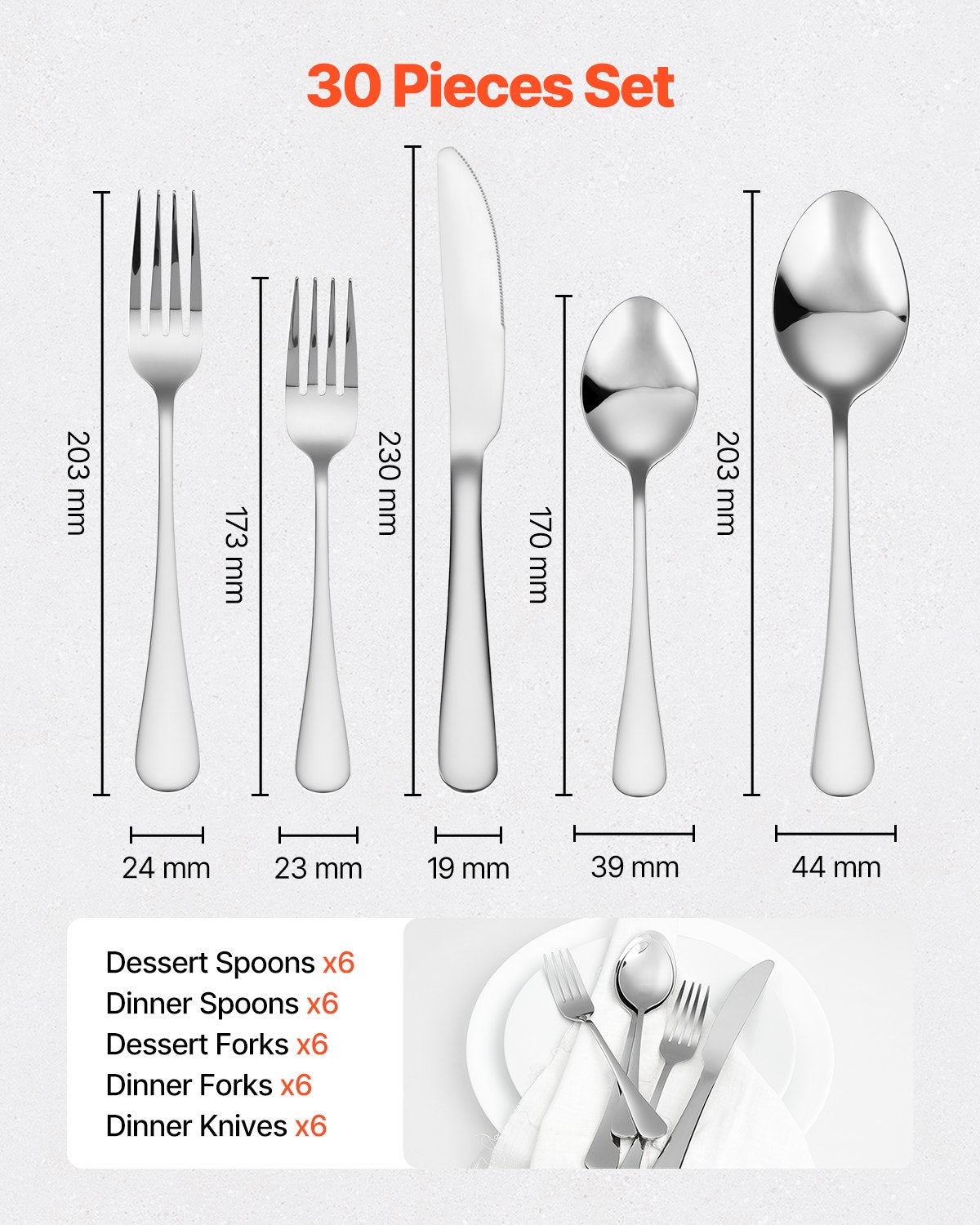 VEVOR 30-Piece Silverware Set Stainless Steel Cutlery Flatware Utensils for 6 