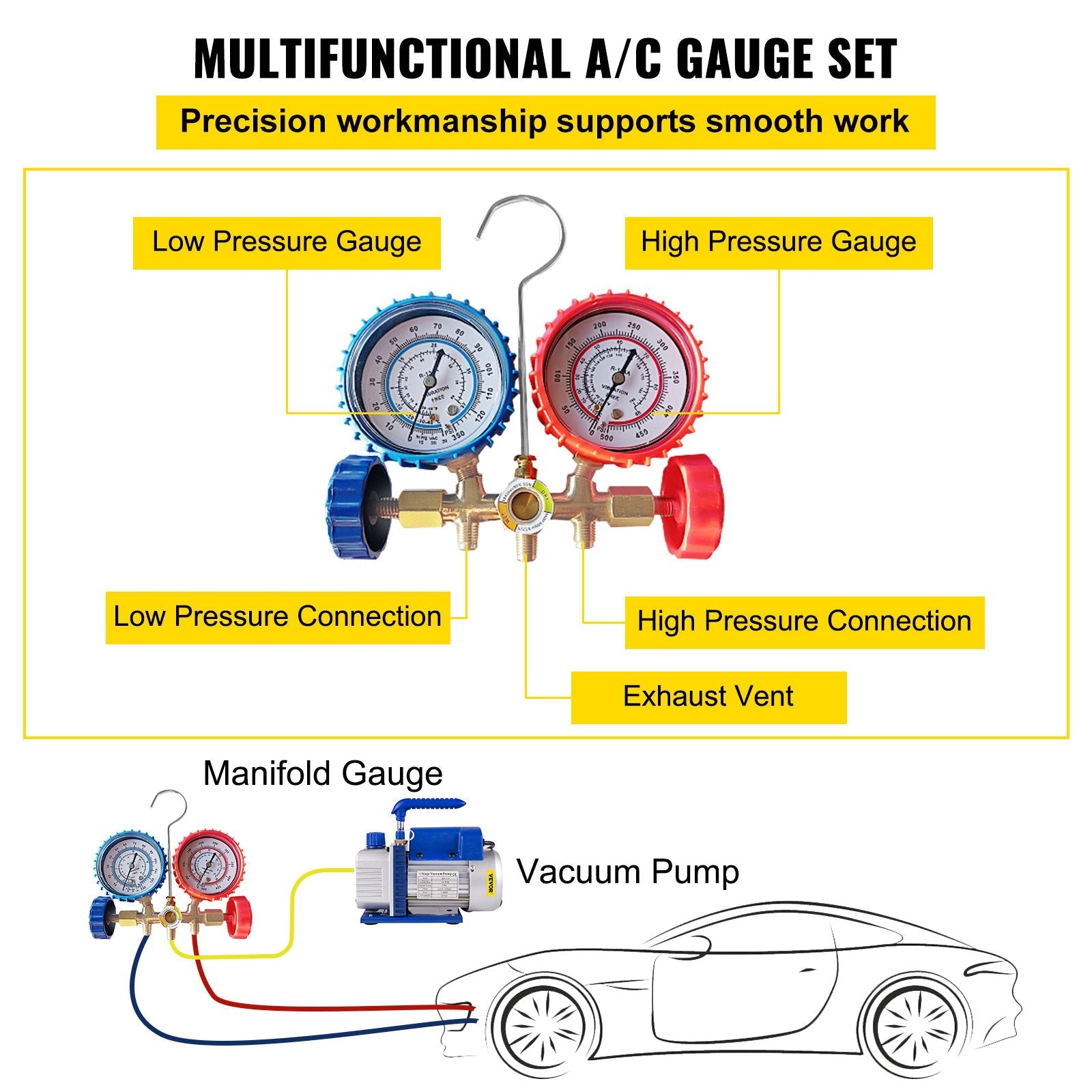 VEVOR Vacuum Pump 4CFM 1/4HP Air Vacuum Pump HVAC A/C Air Refrigerant Rotary Vane Vacuum Pump Single Stage 1 Valve AC Manifold Gauge Set 