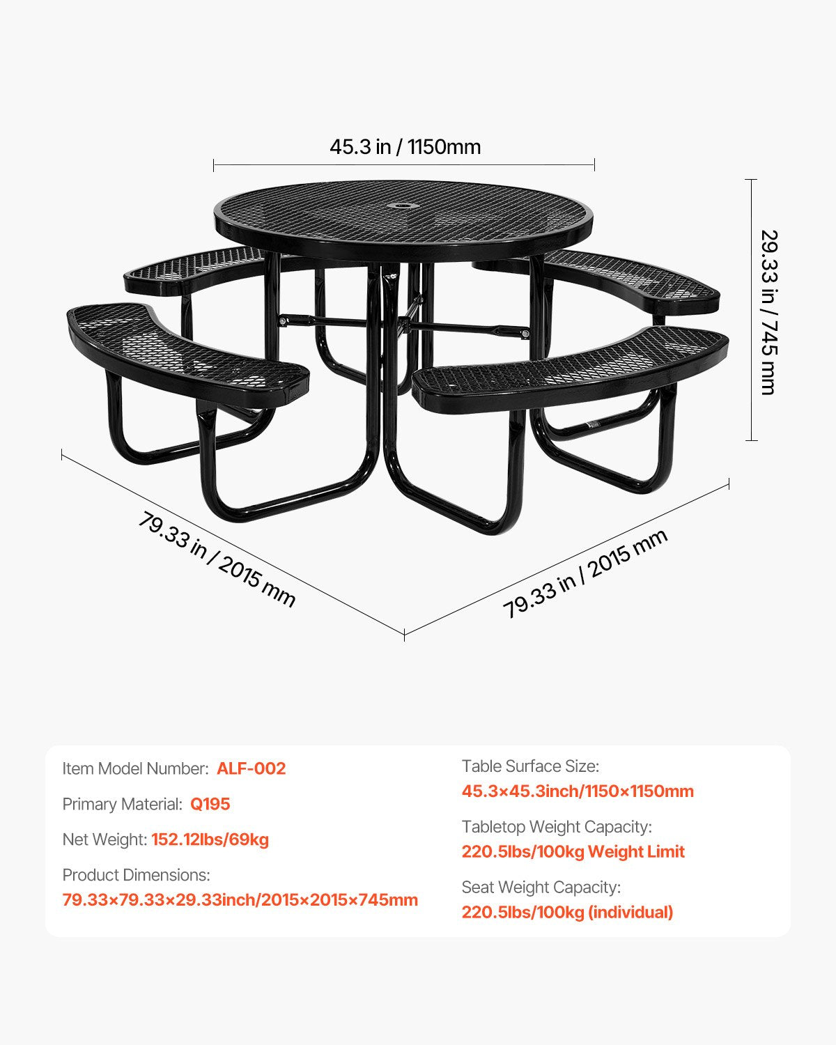 VEVOR Picnic Table Weather Resistant Steel Patio Dining Furniture Set Outdoor 