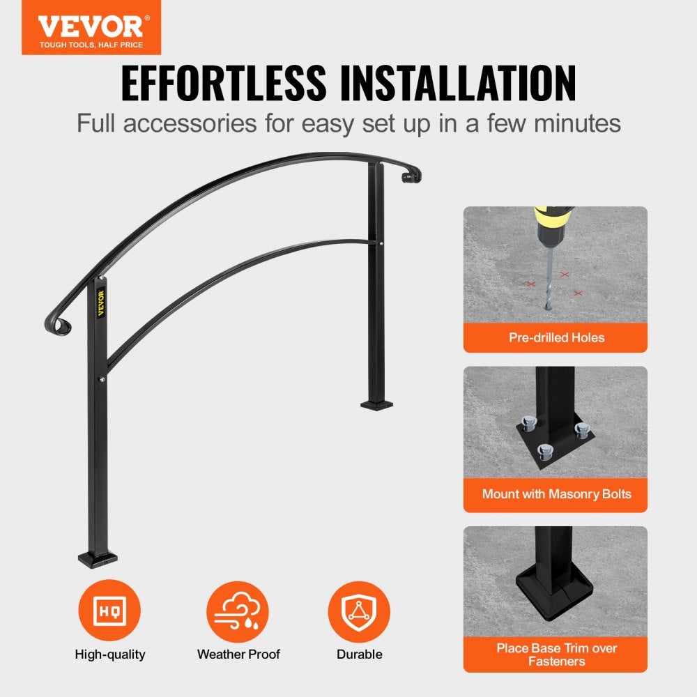 VEVOR 4-Step Handrail Fits 1 or 4 Steps Matte Black Stair Rail Wrought Iron Handrail with Installation Kit Hand Rails for Outdoor Steps 