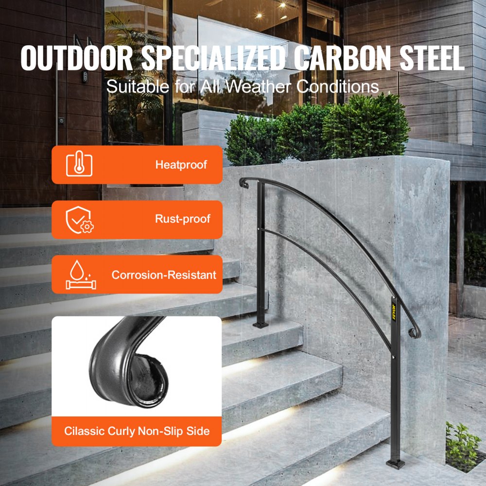 VEVOR 4-Step Handrail Fits 1 or 4 Steps Matte Black Stair Rail Wrought Iron Handrail with Installation Kit Hand Rails for Outdoor Steps 