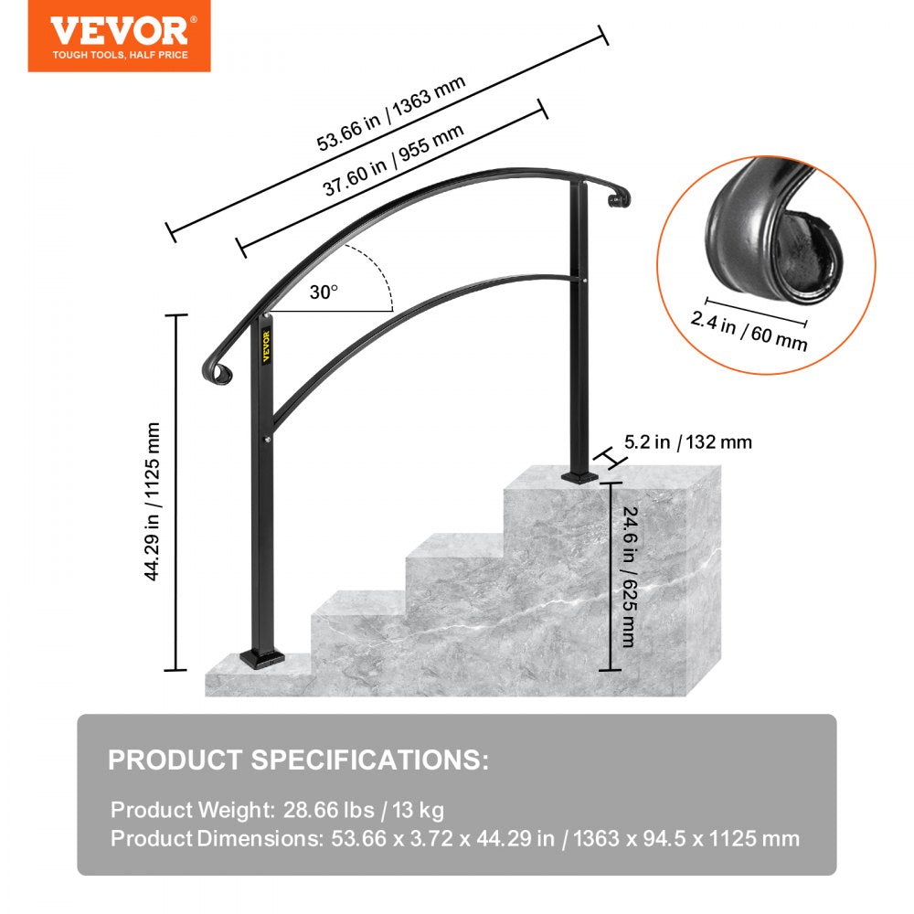 VEVOR 4-Step Handrail Fits 1 or 4 Steps Matte Black Stair Rail Wrought Iron Handrail with Installation Kit Hand Rails for Outdoor Steps 