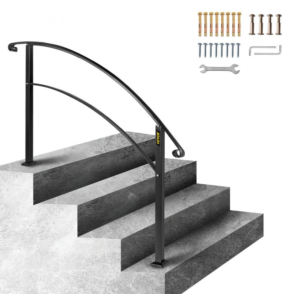 VEVOR 4-Step Handrail Fits 1 or 4 Steps Matte Black Stair Rail Wrought Iron Handrail with Installation Kit Hand Rails for Outdoor Steps 