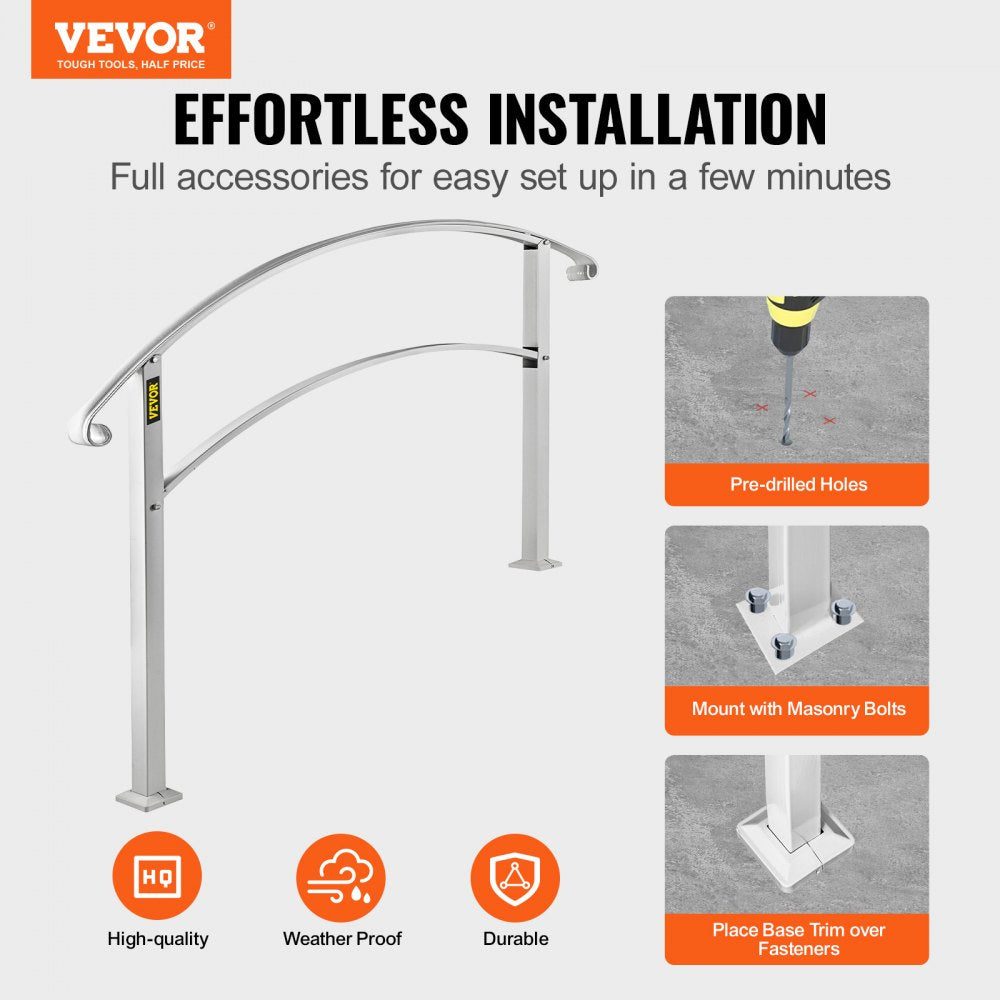 VEVOR Handrails for Outdoor Steps, Fit 1 or 4 Steps Outdoor Stair Railing, White Wrought Iron Handrail, Flexible Front Porch Hand Rail, Transitional Handrails for Concrete Steps or Wooden Stairs 