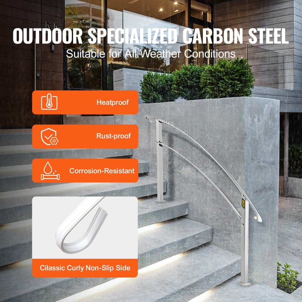 VEVOR Handrails for Outdoor Steps, Fit 1 or 4 Steps Outdoor Stair Railing, White Wrought Iron Handrail, Flexible Front Porch Hand Rail, Transitional Handrails for Concrete Steps or Wooden Stairs 