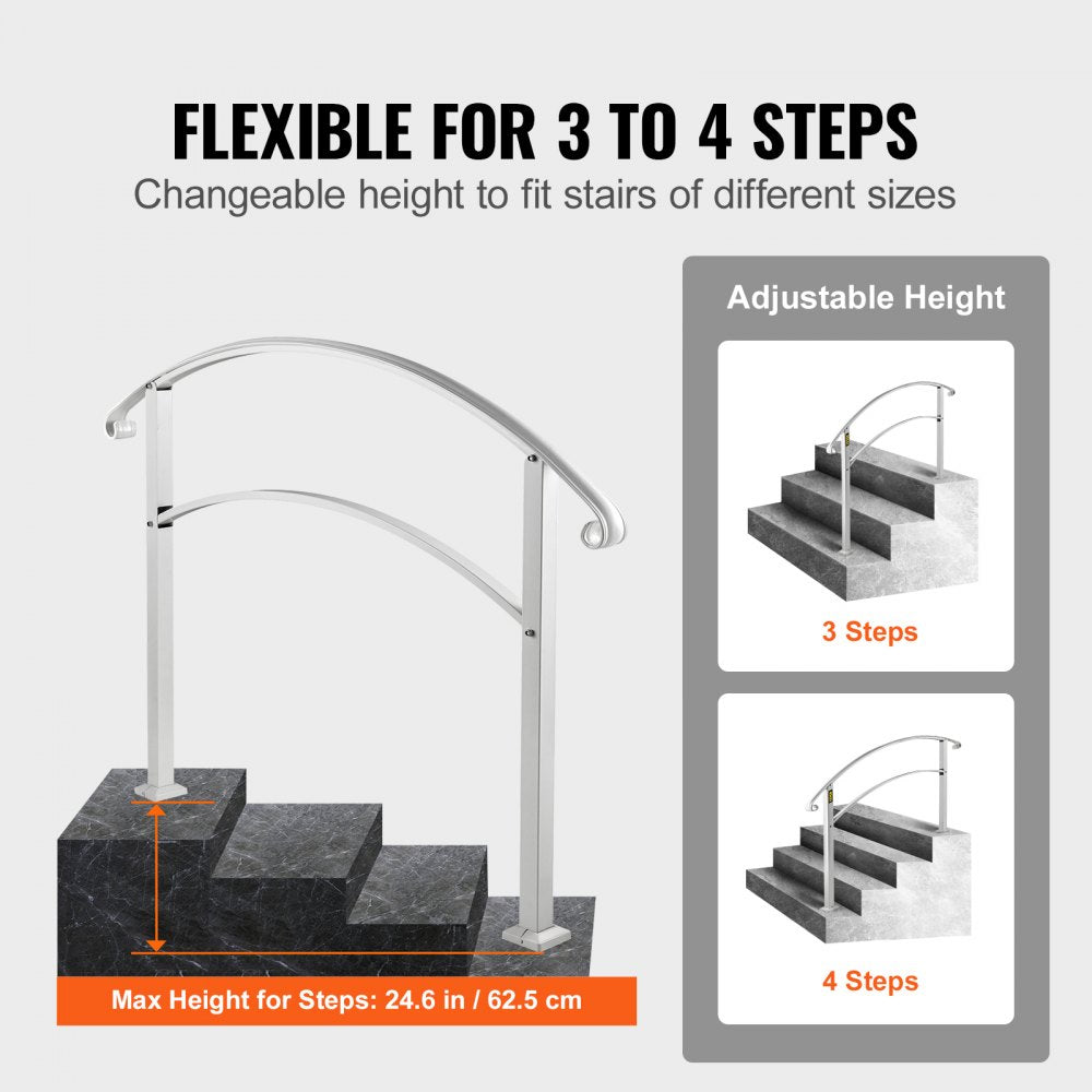 VEVOR Handrails for Outdoor Steps, Fit 1 or 4 Steps Outdoor Stair Railing, White Wrought Iron Handrail, Flexible Front Porch Hand Rail, Transitional Handrails for Concrete Steps or Wooden Stairs 