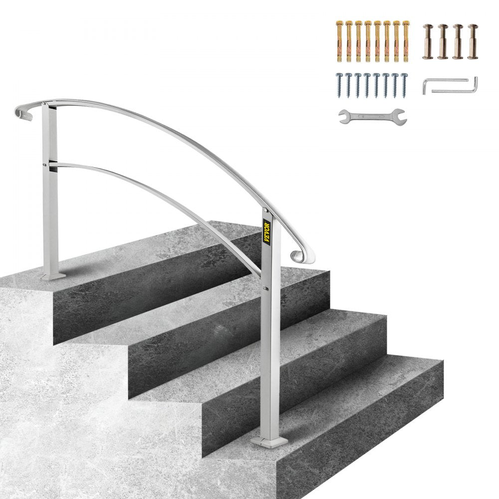 VEVOR Handrails for Outdoor Steps, Fit 1 or 4 Steps Outdoor Stair Railing, White Wrought Iron Handrail, Flexible Front Porch Hand Rail, Transitional Handrails for Concrete Steps or Wooden Stairs 