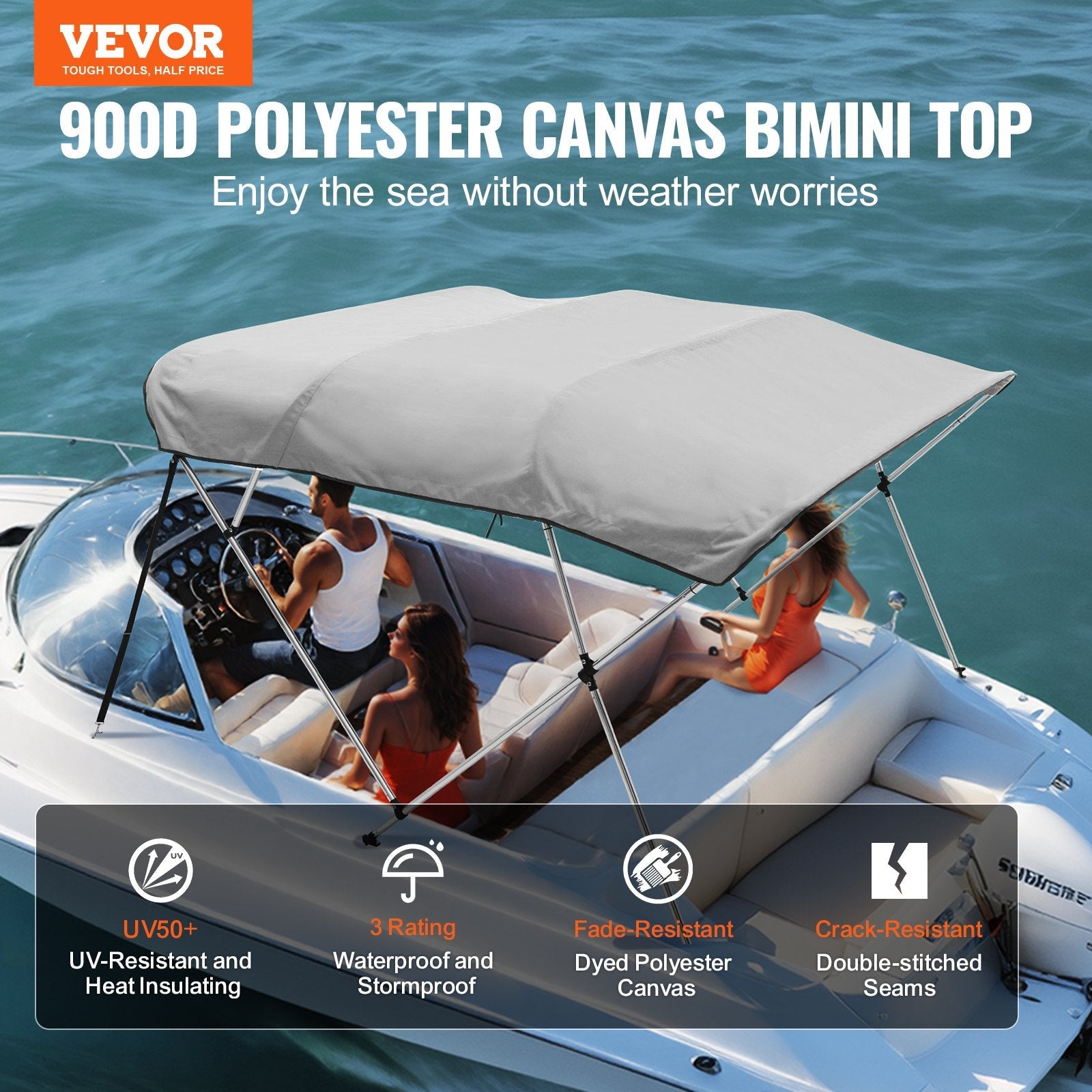 VEVOR 4 Bow Bimini Top Boat Cover, 900D Polyester Canopy with 1" Aluminum Alloy Frame, Waterproof and Sun Shade, Includes Storage Boot, 2 Support Poles, 4 Straps, 8'L x 54"H x 91"-96"W, Light Grey 