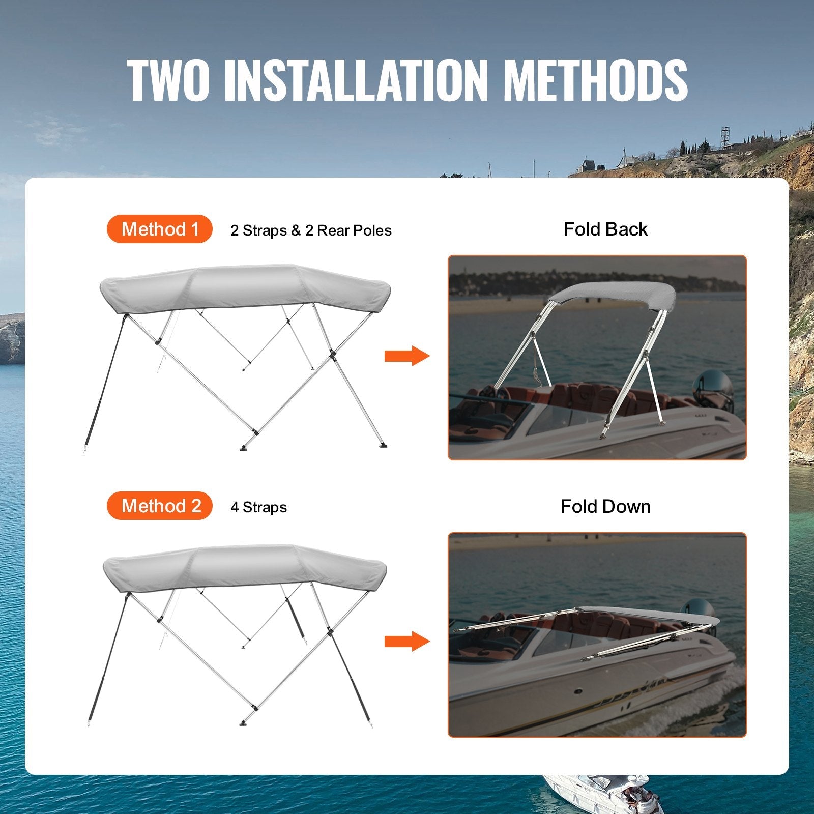 VEVOR 4 Bow Bimini Top Boat Cover, 900D Polyester Canopy with 1" Aluminum Alloy Frame, Waterproof and Sun Shade, Includes Storage Boot, 2 Support Poles, 4 Straps, 8'L x 54"H x 91"-96"W, Light Grey 