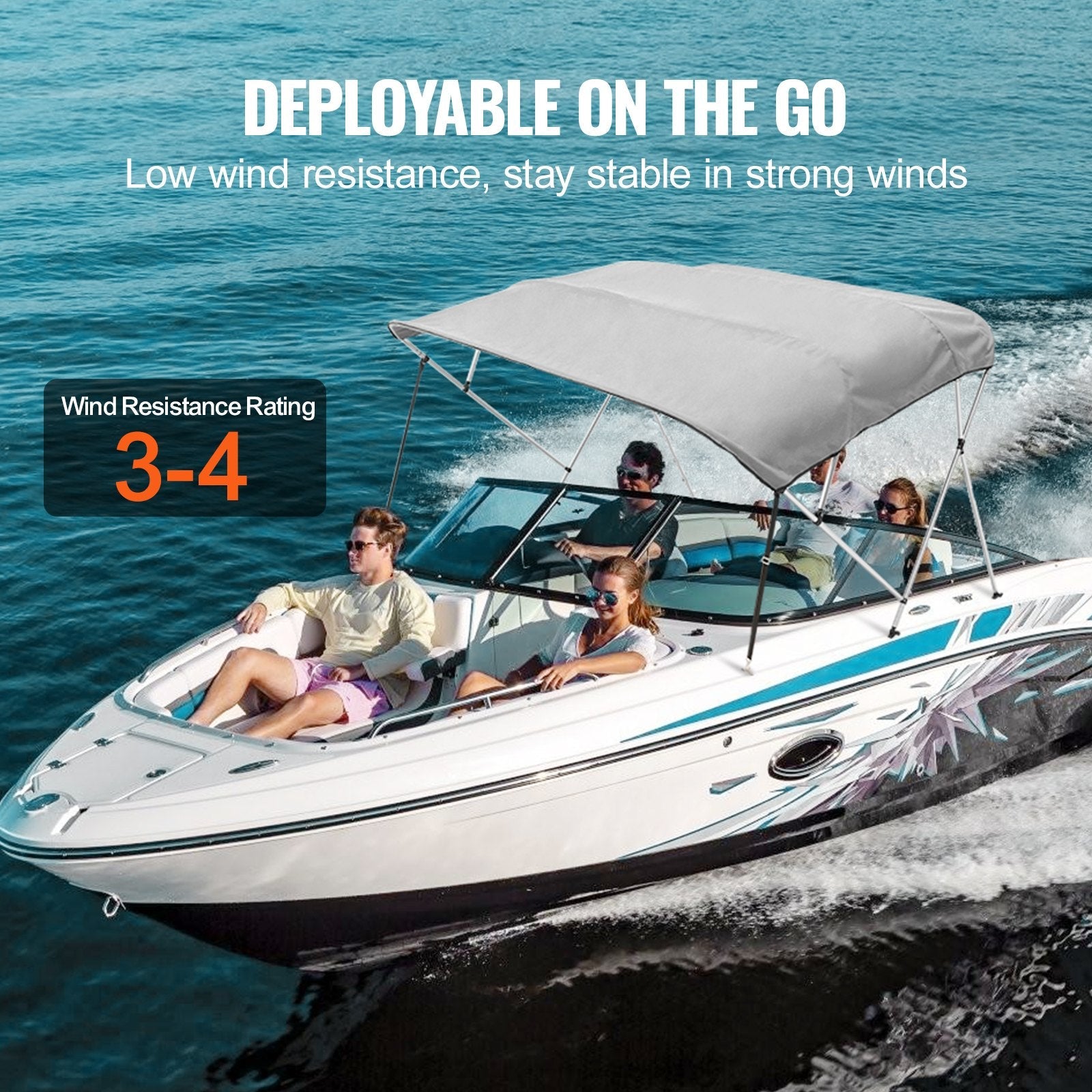 VEVOR 4 Bow Bimini Top Boat Cover, 900D Polyester Canopy with 1" Aluminum Alloy Frame, Waterproof and Sun Shade, Includes Storage Boot, 2 Support Poles, 4 Straps, 8'L x 54"H x 91"-96"W, Light Grey 
