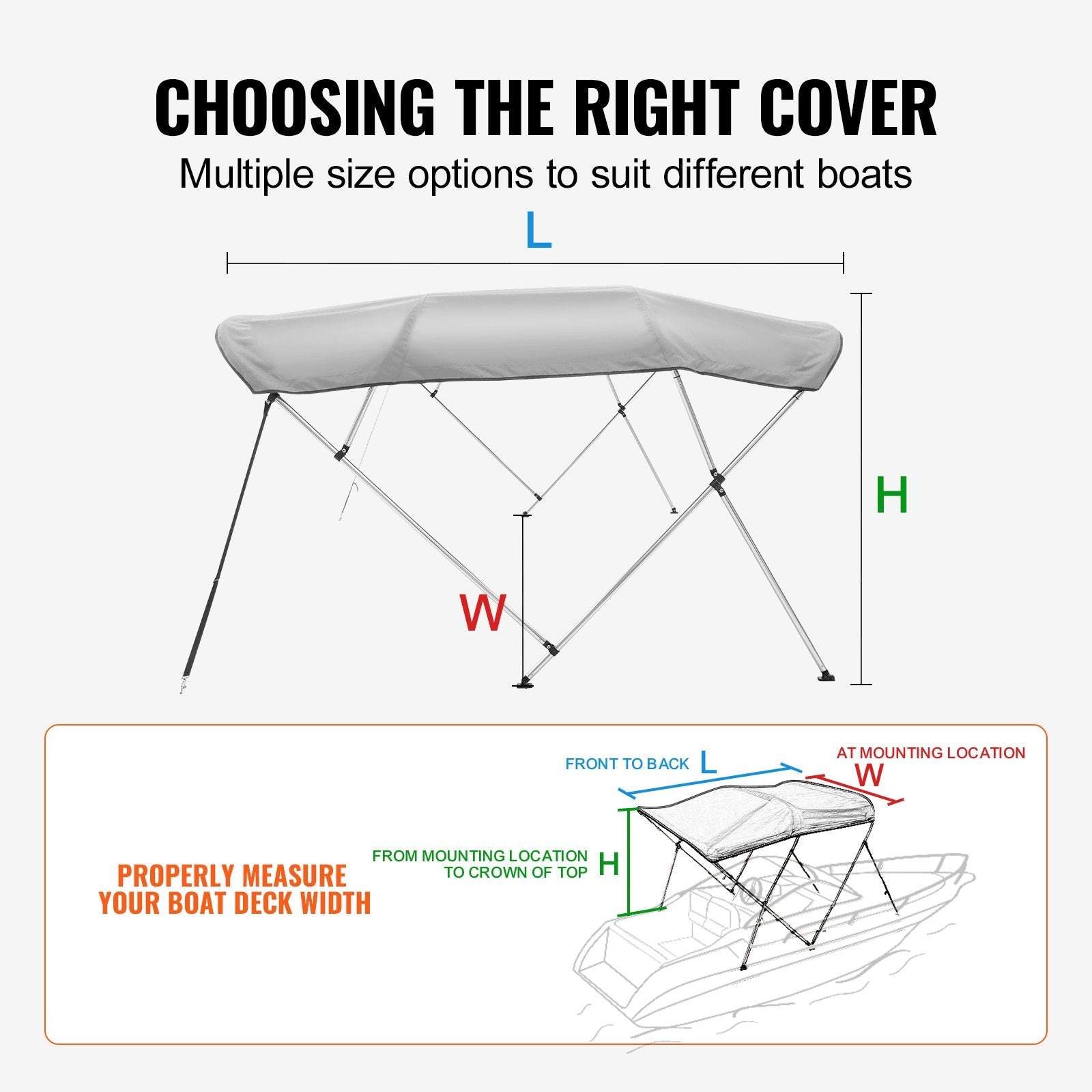 VEVOR 4 Bow Bimini Top Boat Cover, 900D Polyester Canopy with 1" Aluminum Alloy Frame, Waterproof and Sun Shade, Includes Storage Boot, 2 Support Poles, 4 Straps, 8'L x 54"H x 91"-96"W, Light Grey 