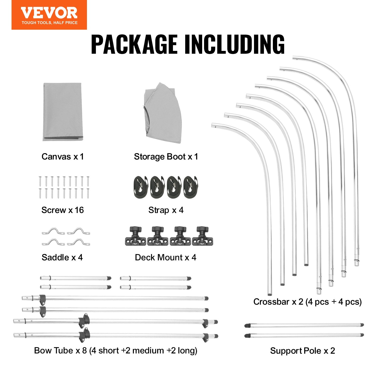 VEVOR 4 Bow Bimini Top Boat Cover, 900D Polyester Canopy with 1" Aluminum Alloy Frame, Waterproof and Sun Shade, Includes Storage Boot, 2 Support Poles, 4 Straps, 8'L x 54"H x 91"-96"W, Light Grey 
