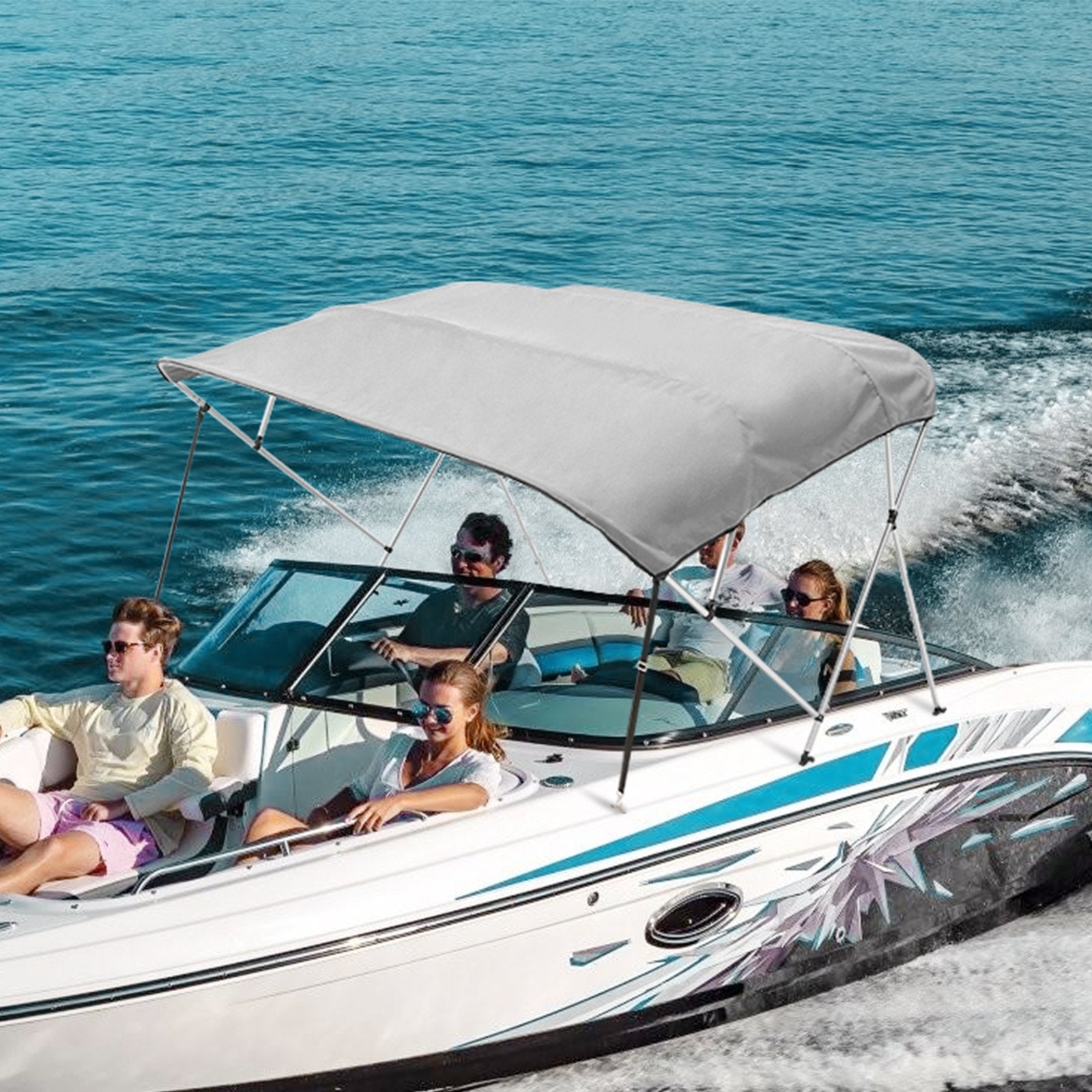 VEVOR 4 Bow Bimini Top Boat Cover, 900D Polyester Canopy with 1" Aluminum Alloy Frame, Waterproof and Sun Shade, Includes Storage Boot, 2 Support Poles, 4 Straps, 8'L x 54"H x 91"-96"W, Light Grey 