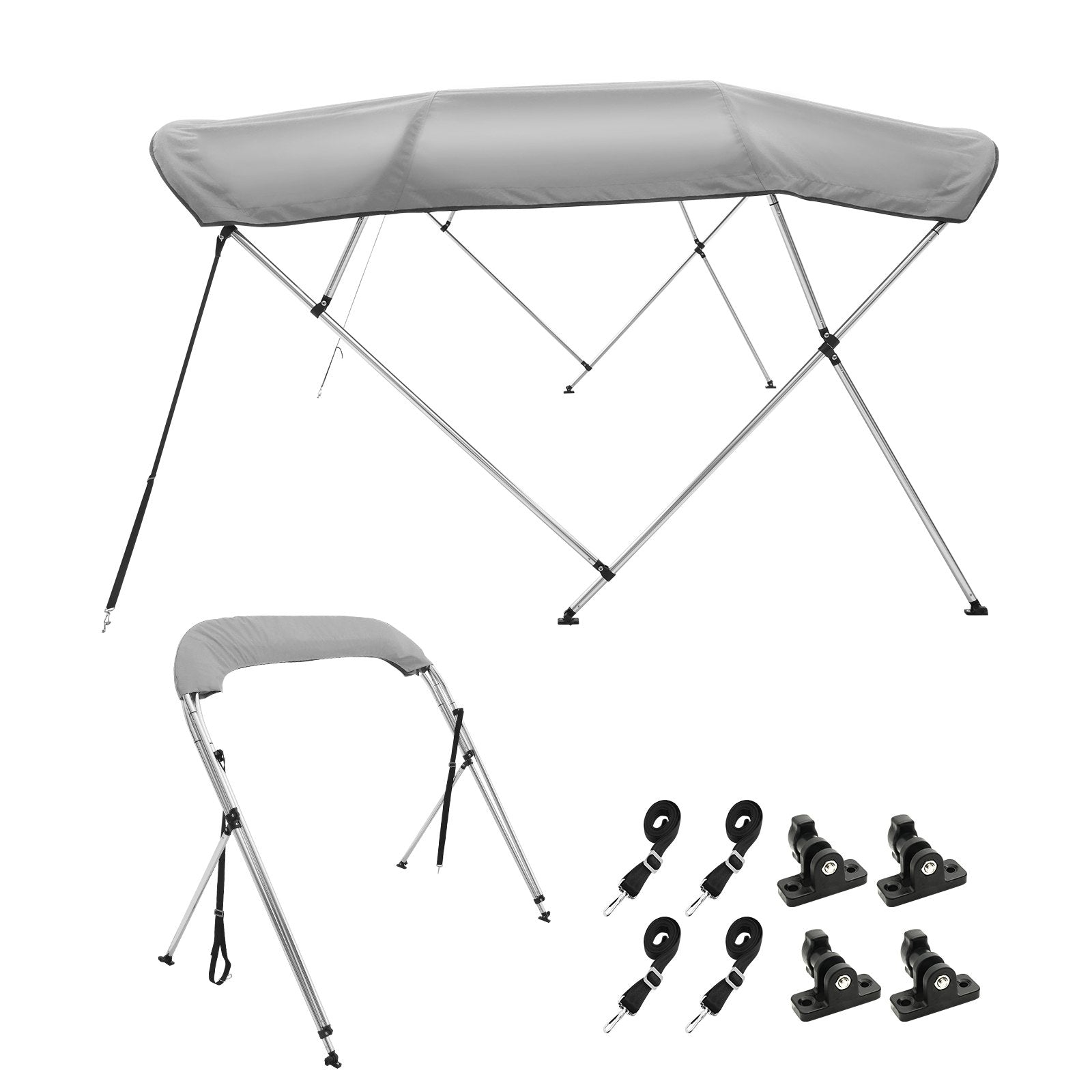 VEVOR 4 Bow Bimini Top Boat Cover, 900D Polyester Canopy with 1" Aluminum Alloy Frame, Waterproof and Sun Shade, Includes Storage Boot, 2 Support Poles, 4 Straps, 8'L x 54"H x 91"-96"W, Light Grey 