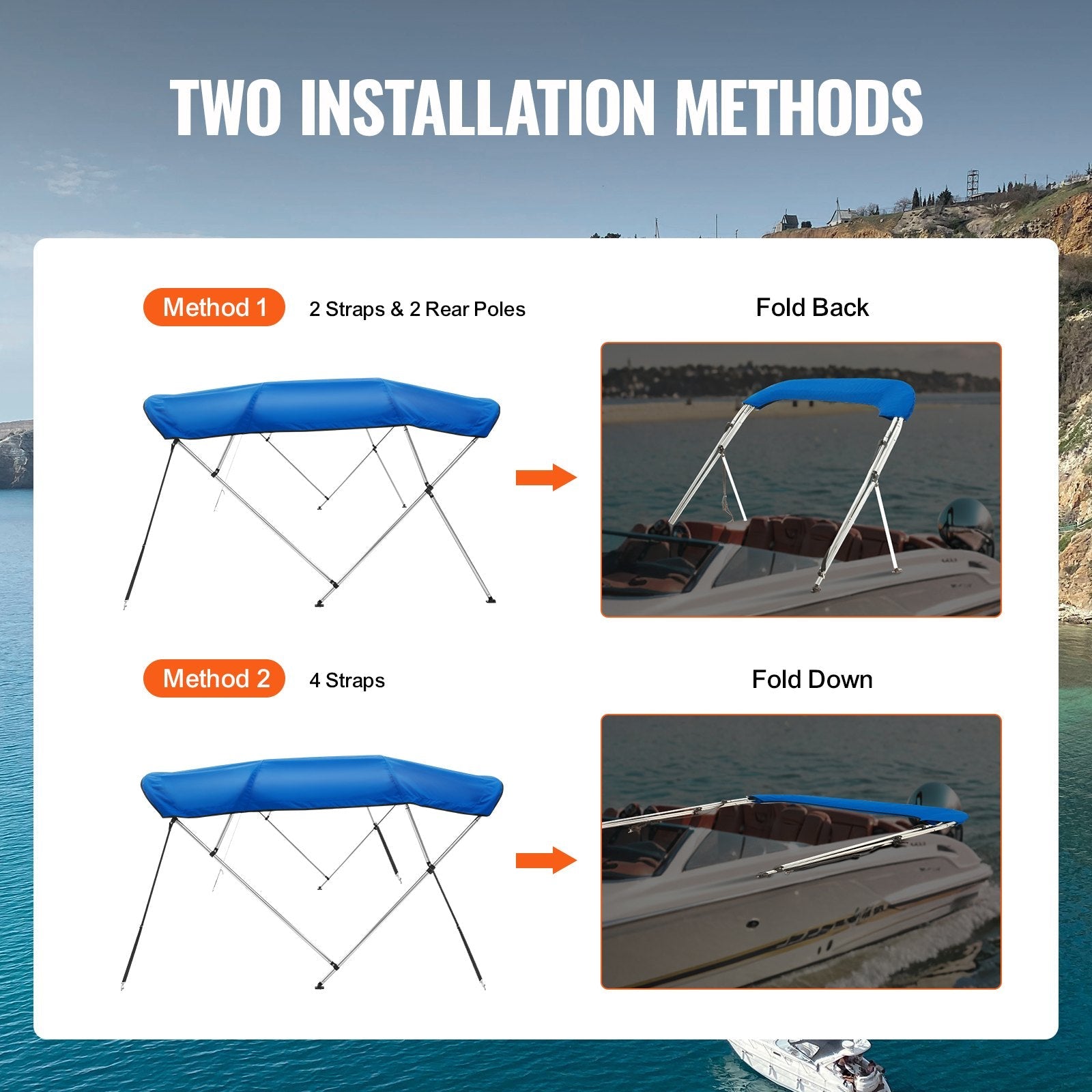 VEVOR 4 Bow Bimini Top Boat Cover, 900D Polyester Canopy with 1" Aluminum Alloy Frame, Waterproof and Sun Shade, Includes Storage Boot, 2 Support Poles, 4 Straps, 8'L x 54"H x 91"-96"W, Pacific Blue 